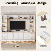 Merax 102.3 Inch Wide Farmhouse Entertainment Center, Rustic TV Stand with 6 Drawers & Adjustable Shelves, Large Media Console for TVs up to 75", Modern Bookshelves Wall Unit, White