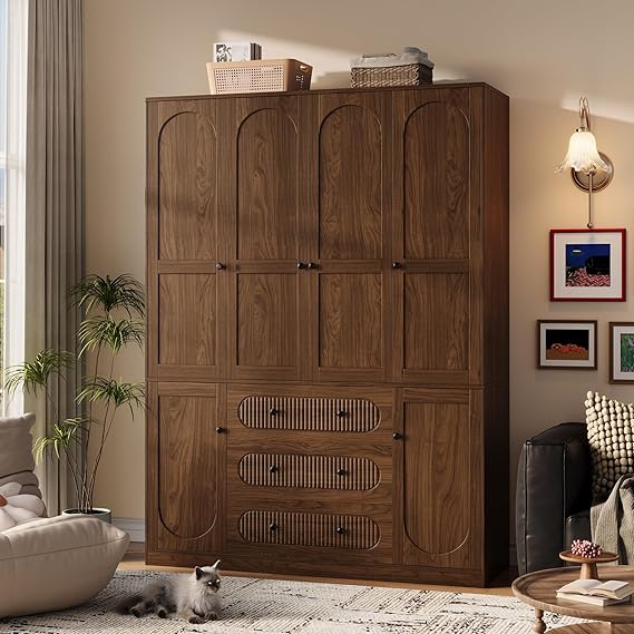 4-Door Freestanding Armoire Wardrobe Closet with Drawers & Hanging Rods