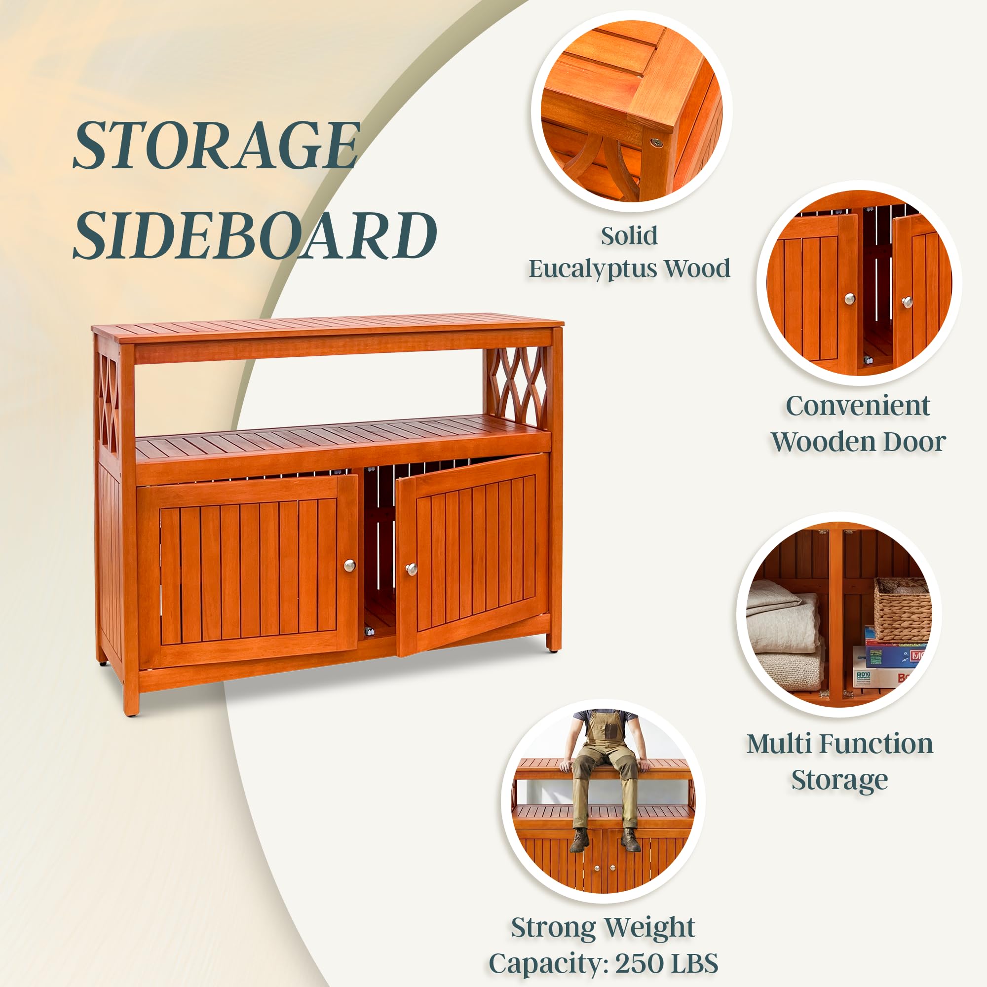 Outdoor Eucalyptus Sideboard Buffet Cabinet with Storage