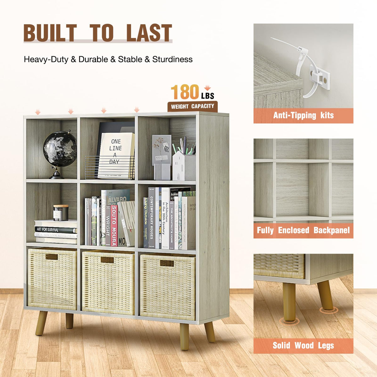 ELYUP 9-Cube Open Shelf Bookcase - 3-Tier Wooden Bookshelf with Legs, Oak