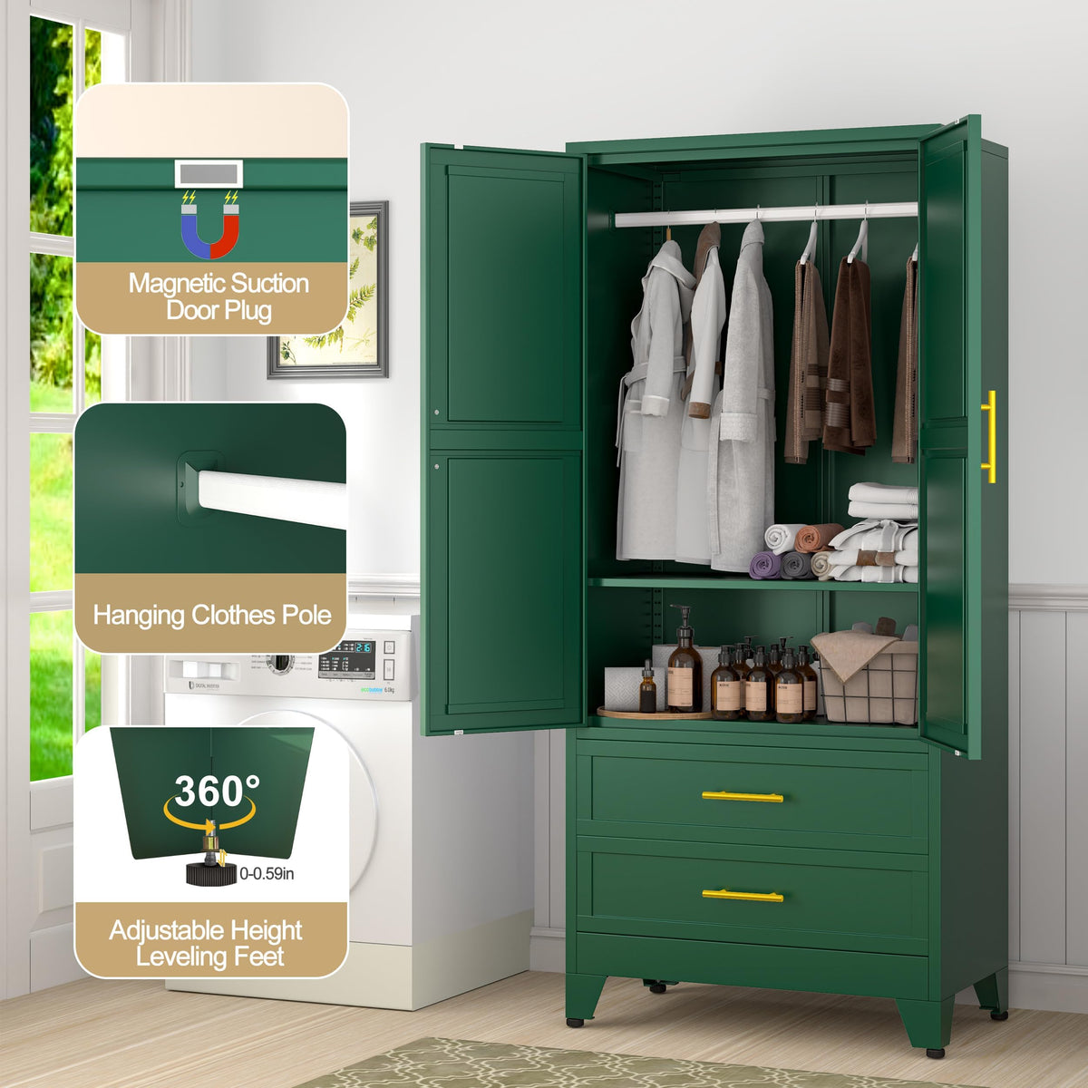 GAIOUS 71" Metal Armoire Wardrobe Closet, Metal Wardrobe Cabinet with Hanging Rod (Green)