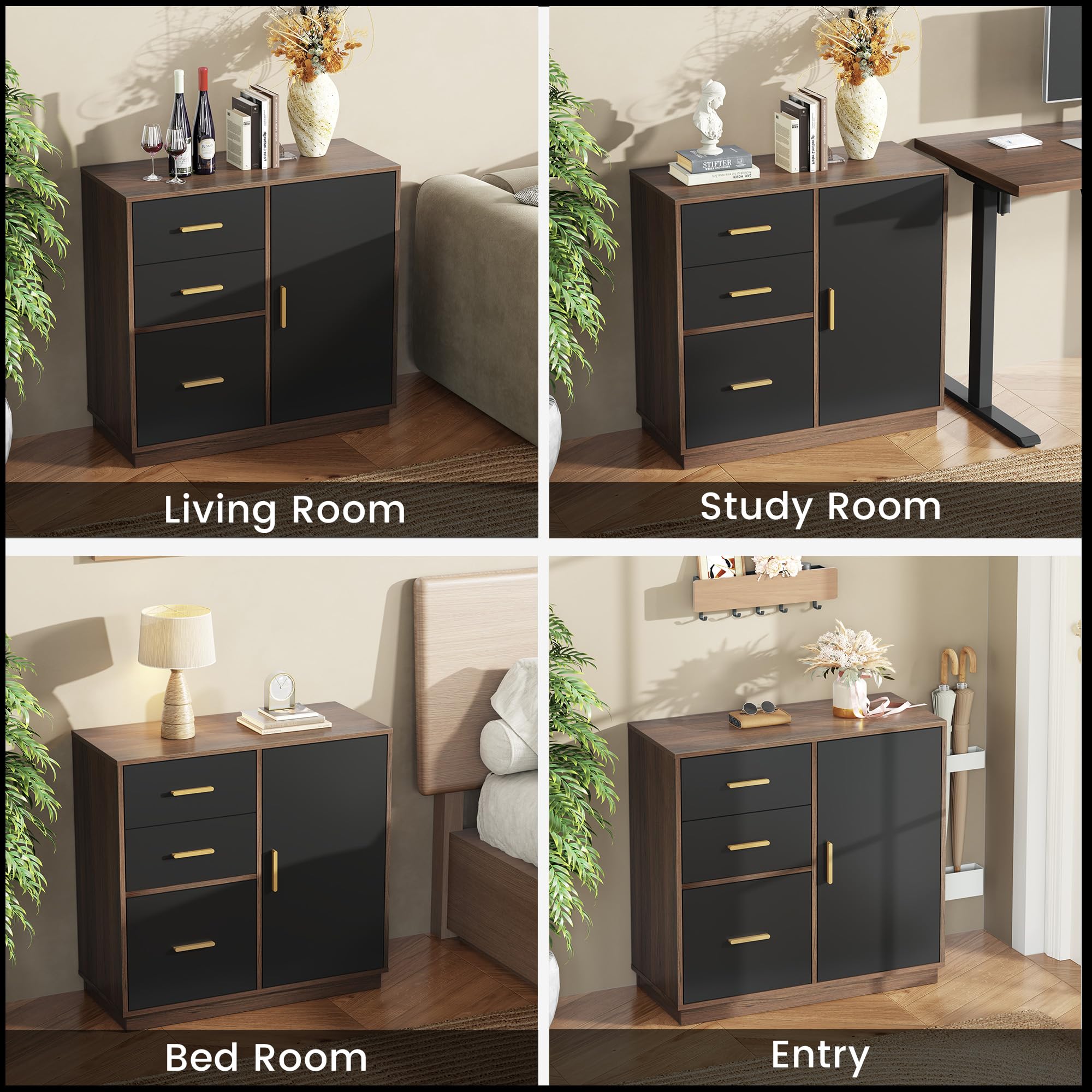 3-Drawer File Cabinet with Side Cabinet & Adjustable Shelf