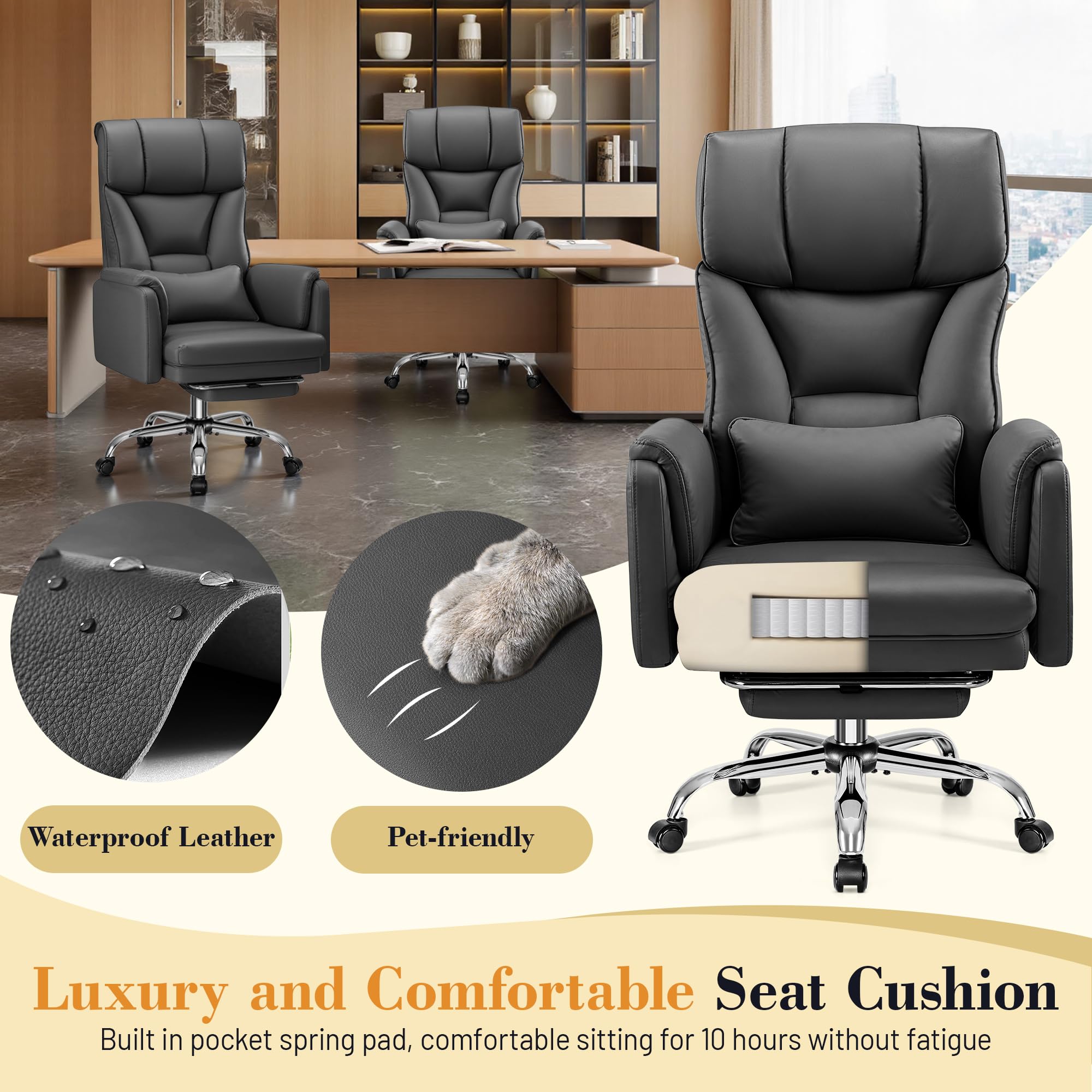 Wide Reclining Office Chair with Footrest & Lumbar Support