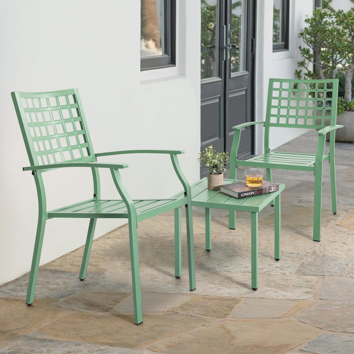 NUU GARDEN 3 Pieces Outdoor Bistro Set, All-Weather Patio Furniture with 2 Metal Stackable Chairs and Square Table, Waterproof Set for Balcony, Porch, Garden, Deck, Green
