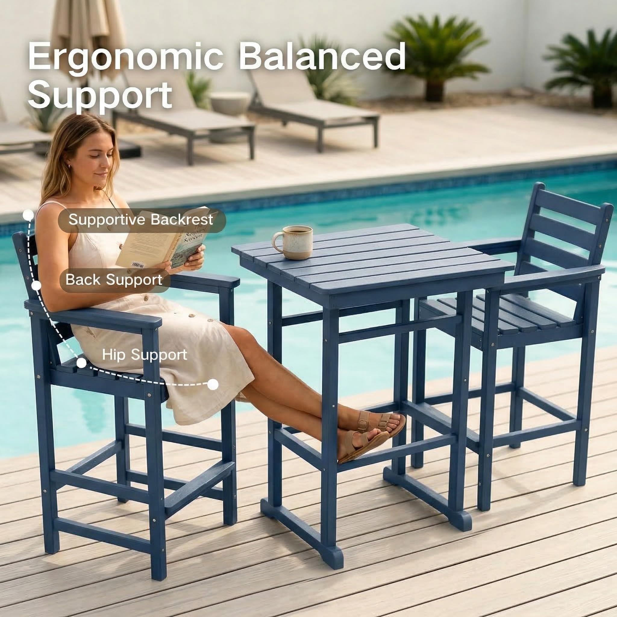 Kingdura Balcony Adirondack Chairs and Table 3 Pieces Set, Adirondack Bar Height Chairs Set of 2 with Matching Bar Table, HDPE Outdoor Bar Stools Set for Bistro, Garden, Poolside (Navy Blue)