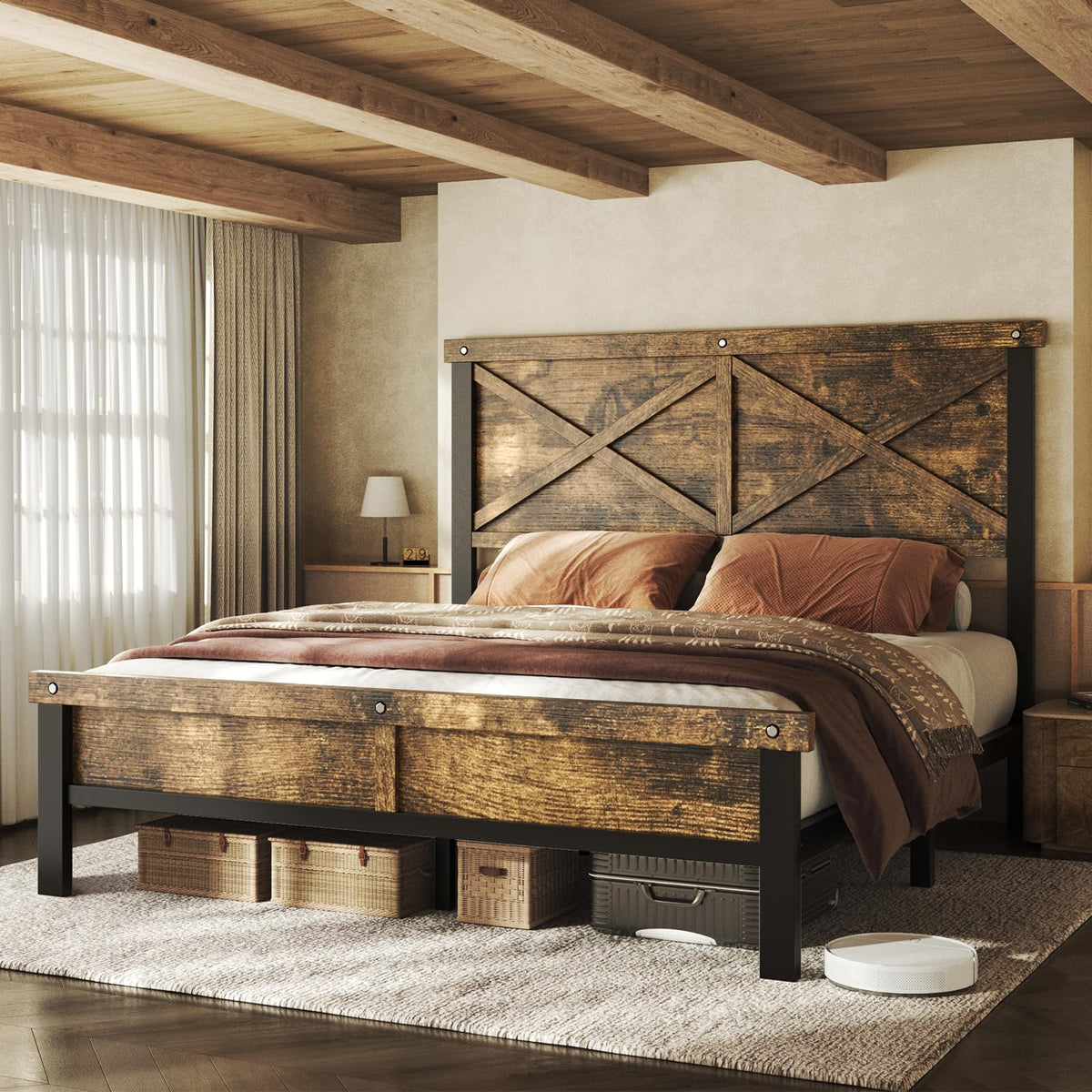HOMiGroPa Farmhouse Full Size Bed Frame with 51" Tall Barn Door Headboard