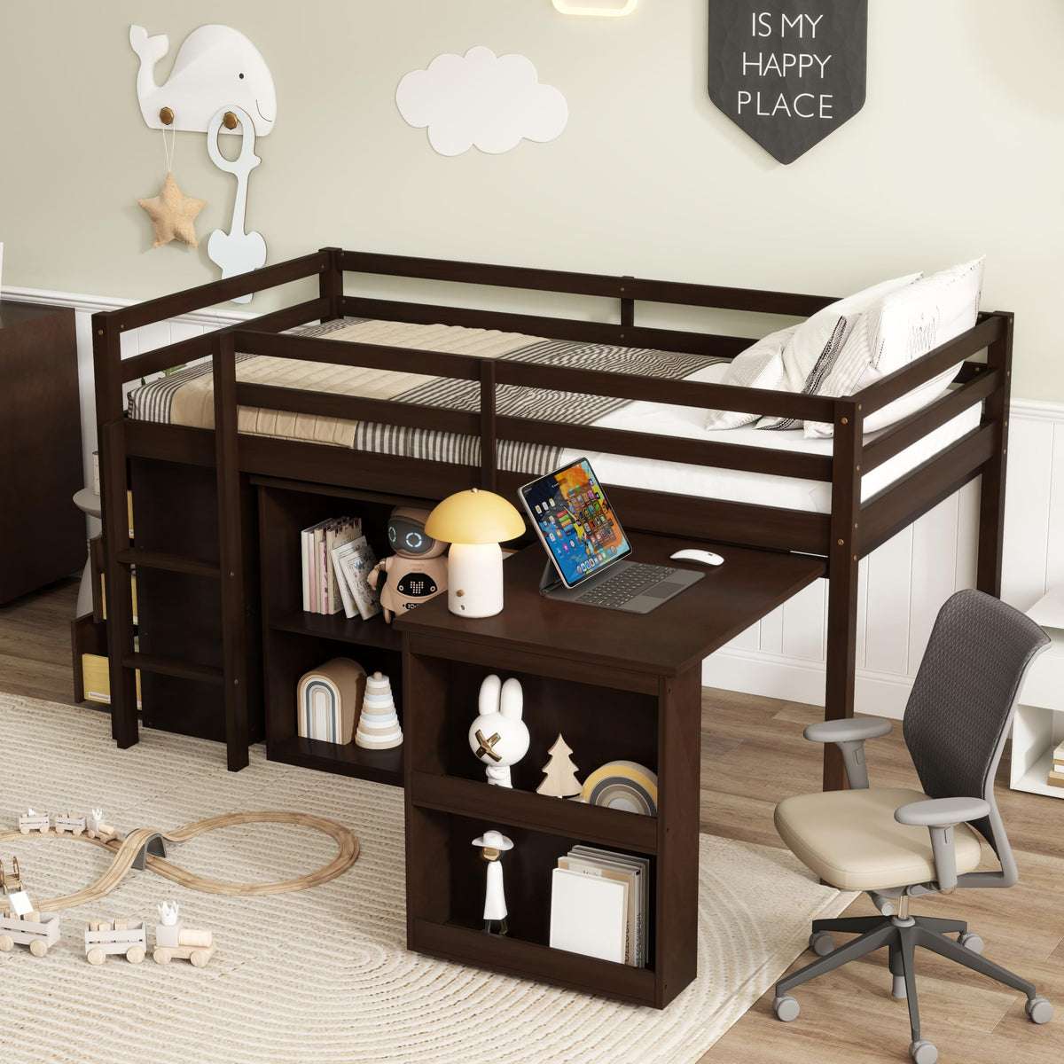 PVWIIK Twin Size Low Loft Bed with Desk,Storage Drawer for Kids,Espresso