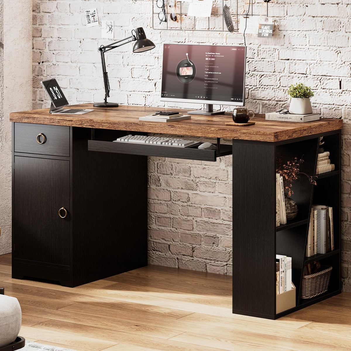 HSH Office Desk with Keyboard Tray in Home, Computer Desk with Storage 55"