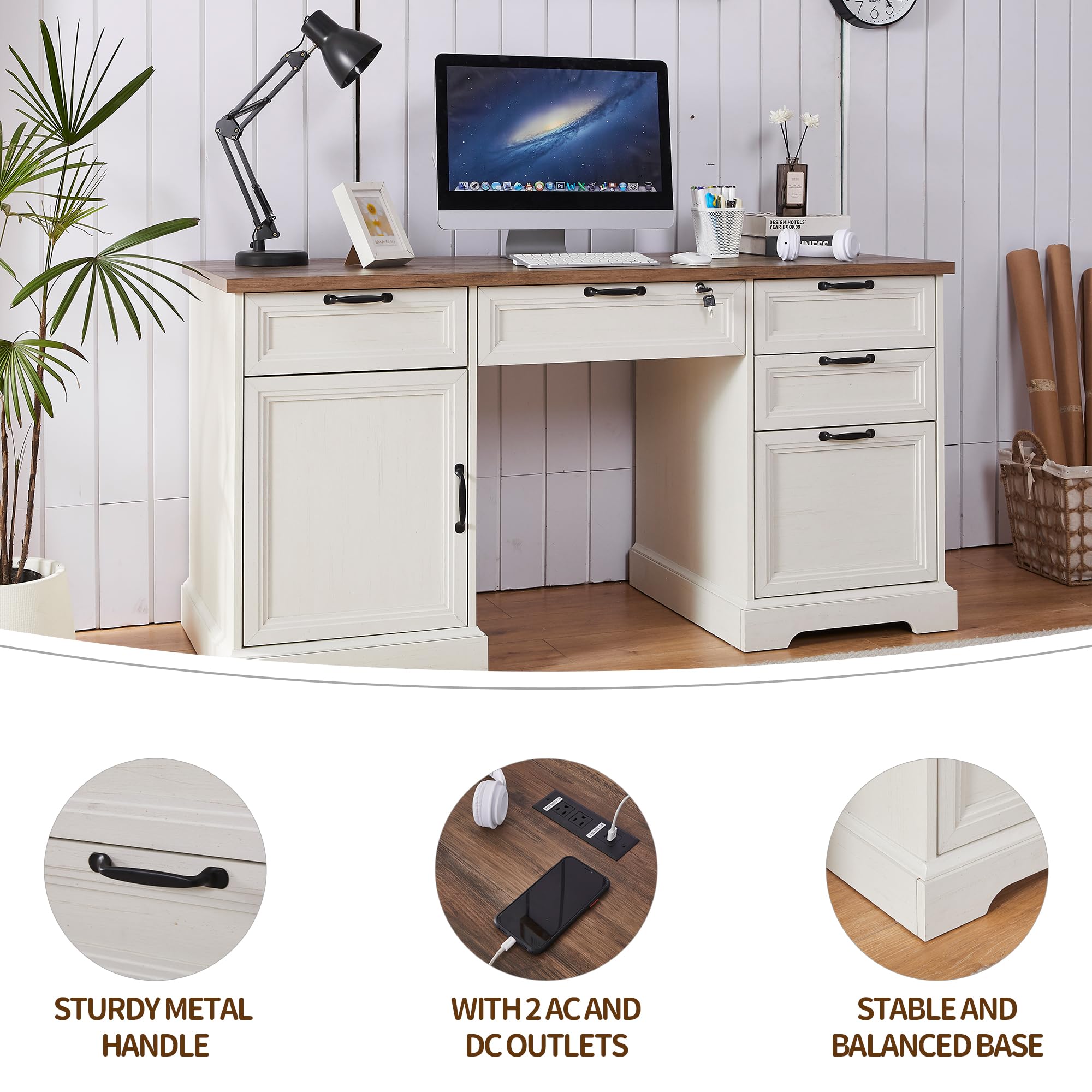 60" Farmhouse Executive Desk with Mobile File Cabinet