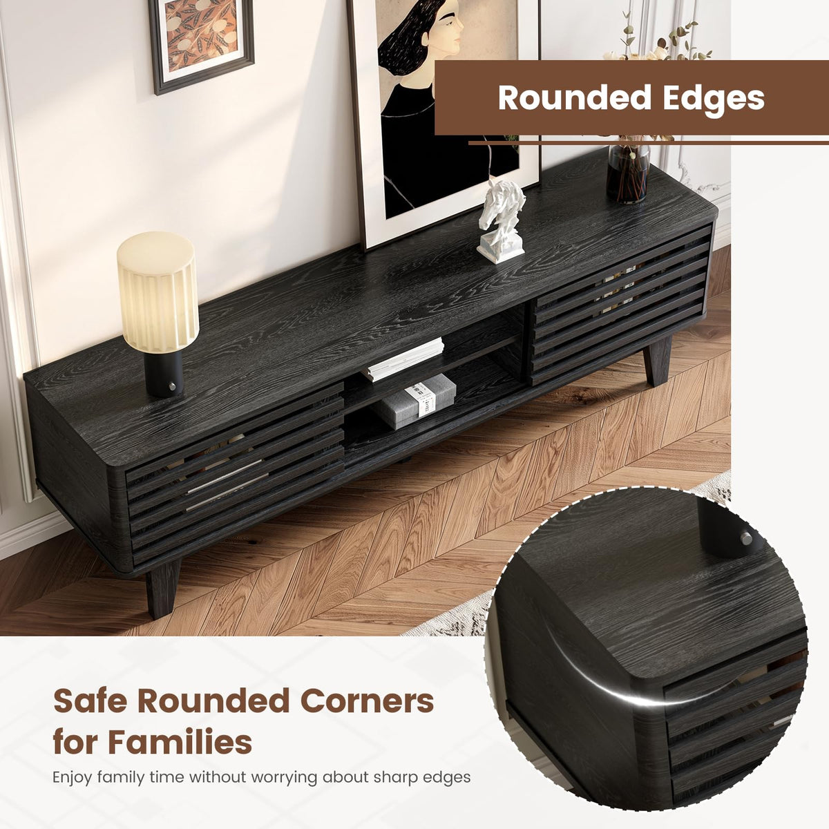 Luoxiao TV Stand with Storage, 59" Modern Black Wood Entertainment Center