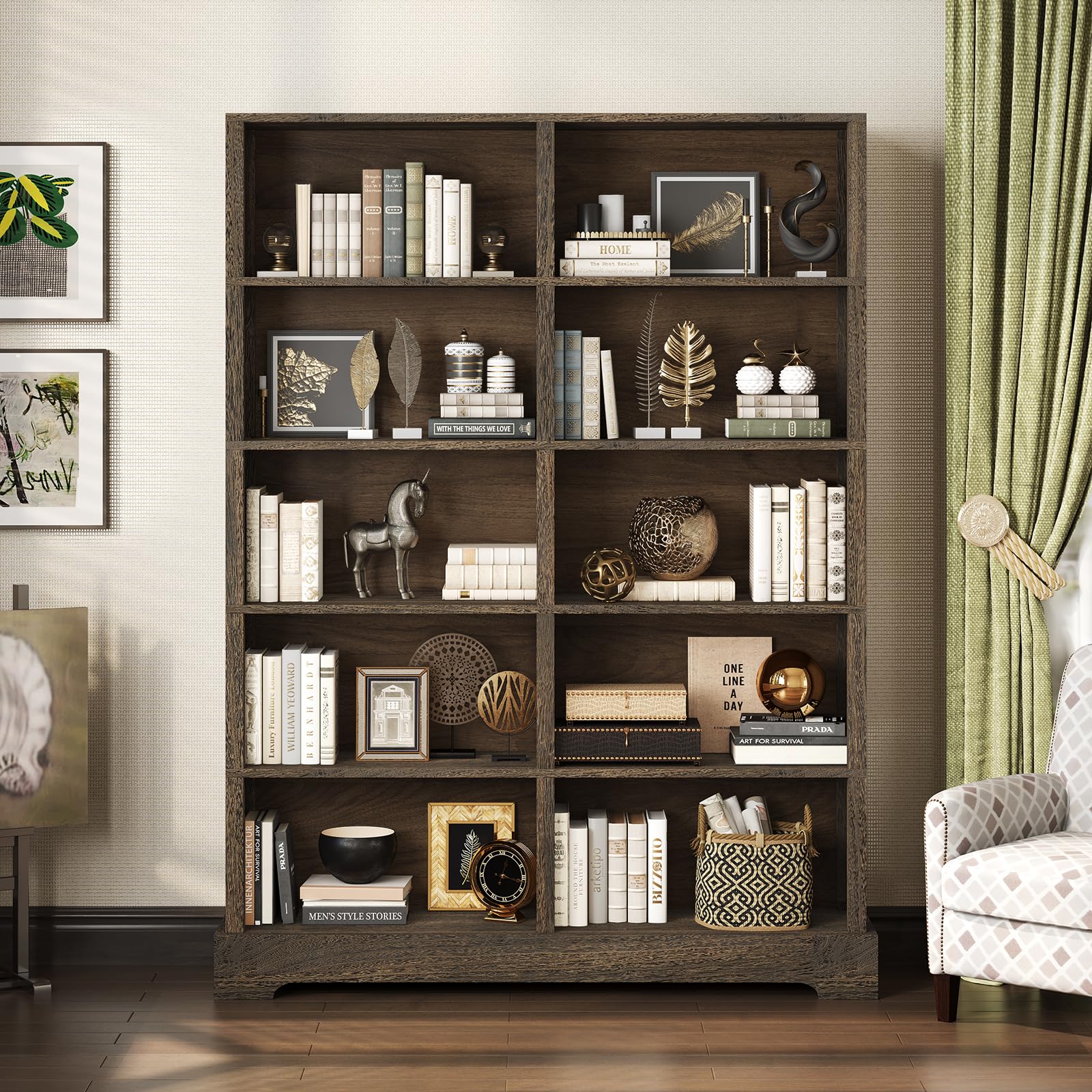 TVU 5-Tier Wood Book Shelf, 47" Wide Large Bookcase and Bookshelf, 64" Tall Bookcase with Storage, Freestanding Wood Display Book Shelves for Living Room, Home Office, Walnut