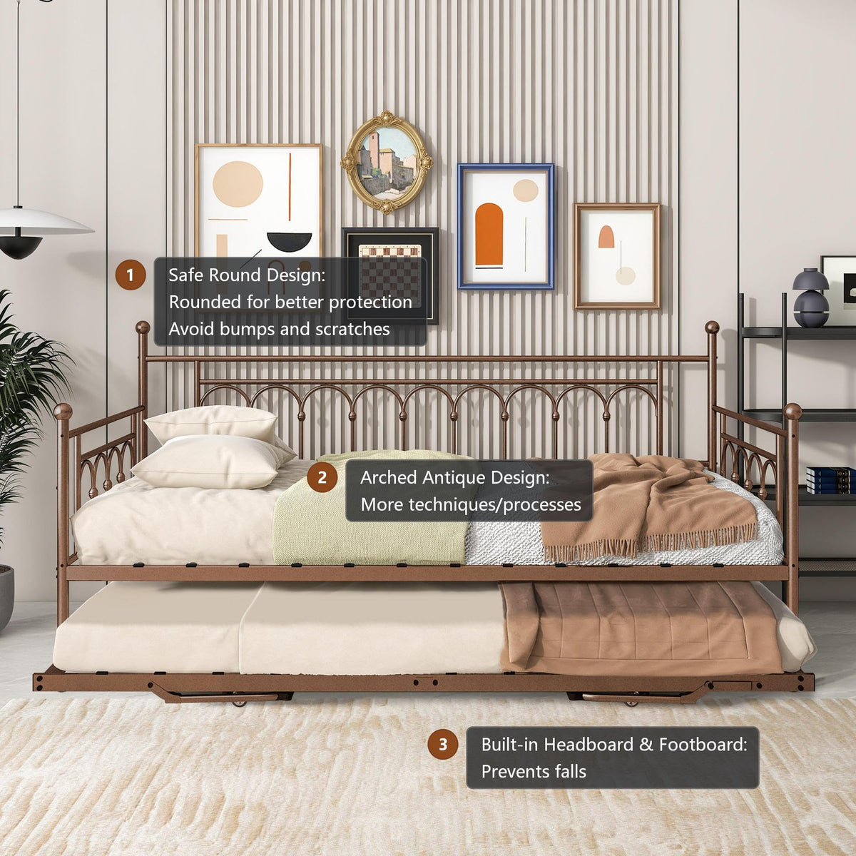 FULLJOJOR Daybed with Pop Up Trundle, Metal Daybed with Trundle, Twin Day Bed with Lockable Casters, Space-Saving Pop Up Trundle Bed Frame for Home Office, Guest Room,Bronze