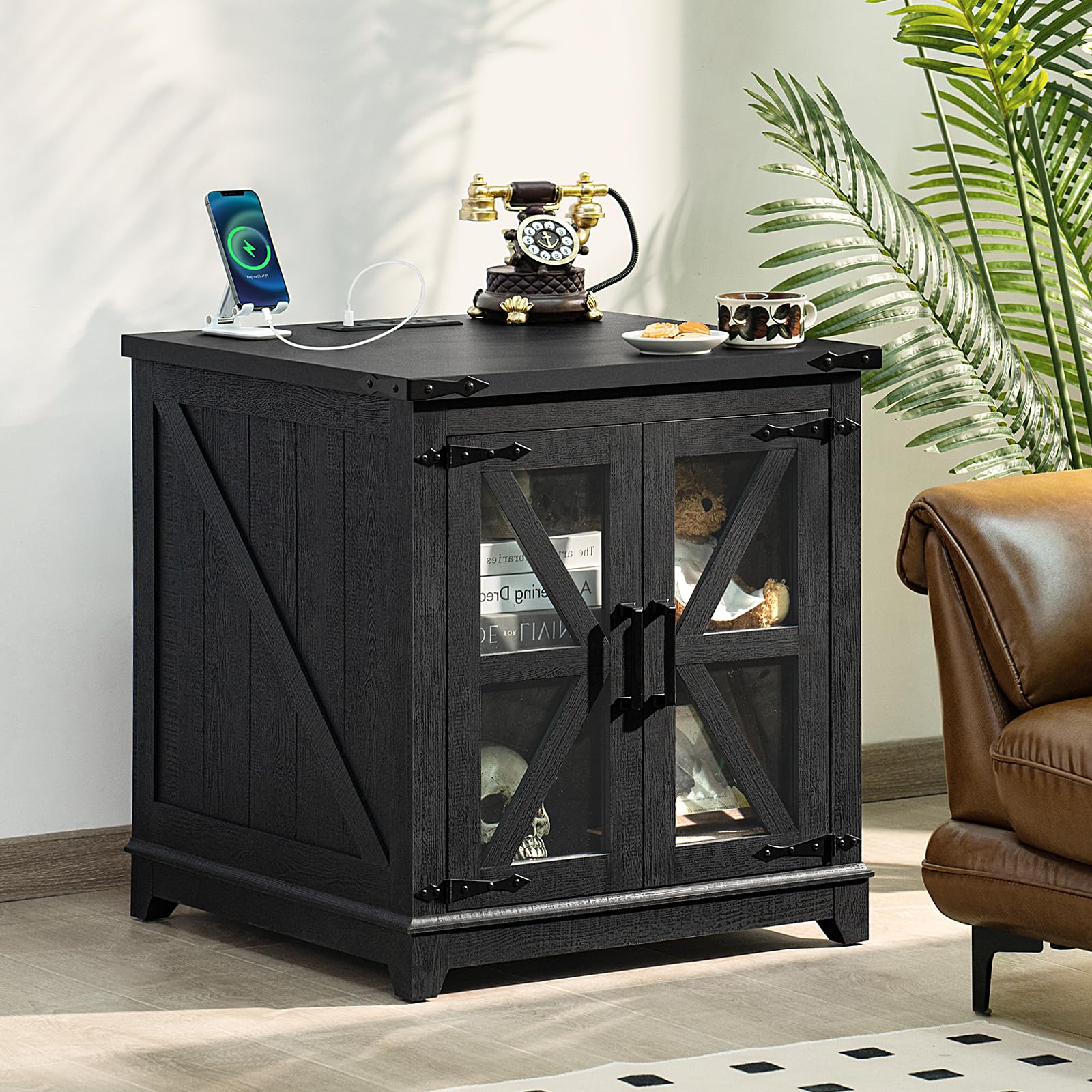 Farmhouse End Table with Charging Station & Glass Barn Door