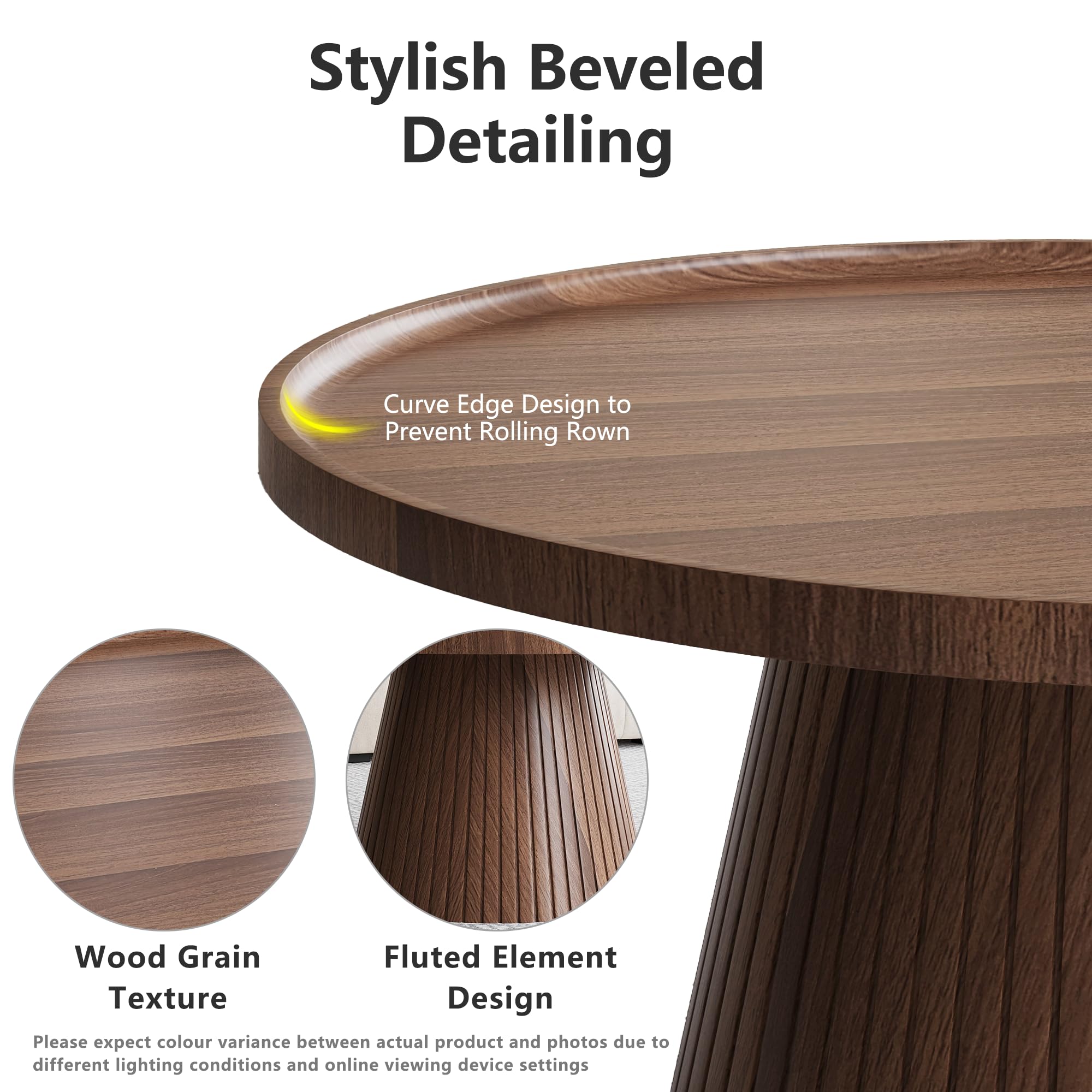 win2win Nesting Coffee Table Set of 2, Mid Century Modern Coffee Table with Wood Grain Veneer, Fluted Round Tea Table and End Table Set, Minimalist Center Tables for Living Room, Office, Walnut