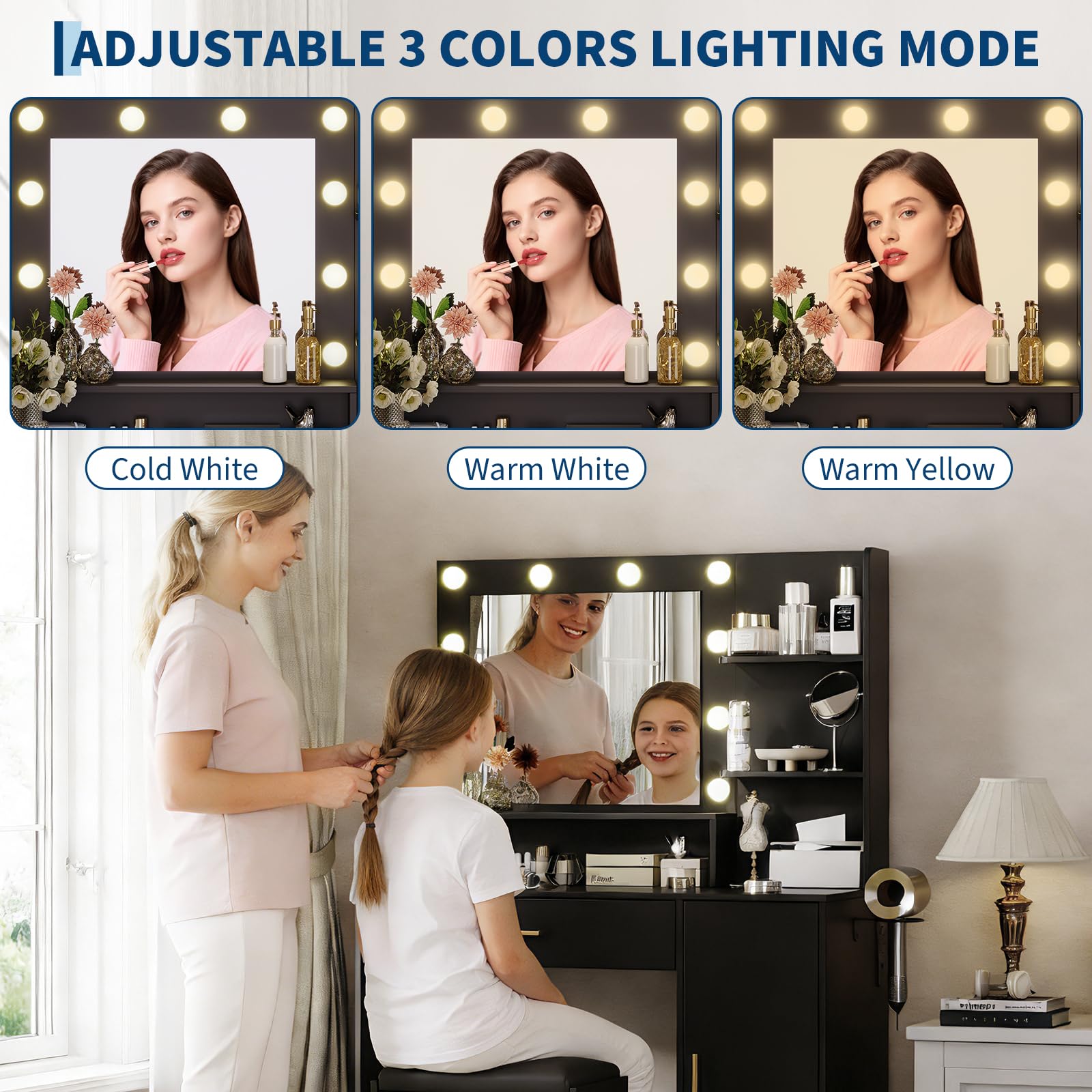 GarveeHome Makeup Vanity Desk with HD Mirror & 10 LED Bulbs, Dressing Table with Charging Station, Adjustable 3 Lighting Modes, Hairdryer Rack & Cushion Stool, Modern Bedroom Vanity Set, Black