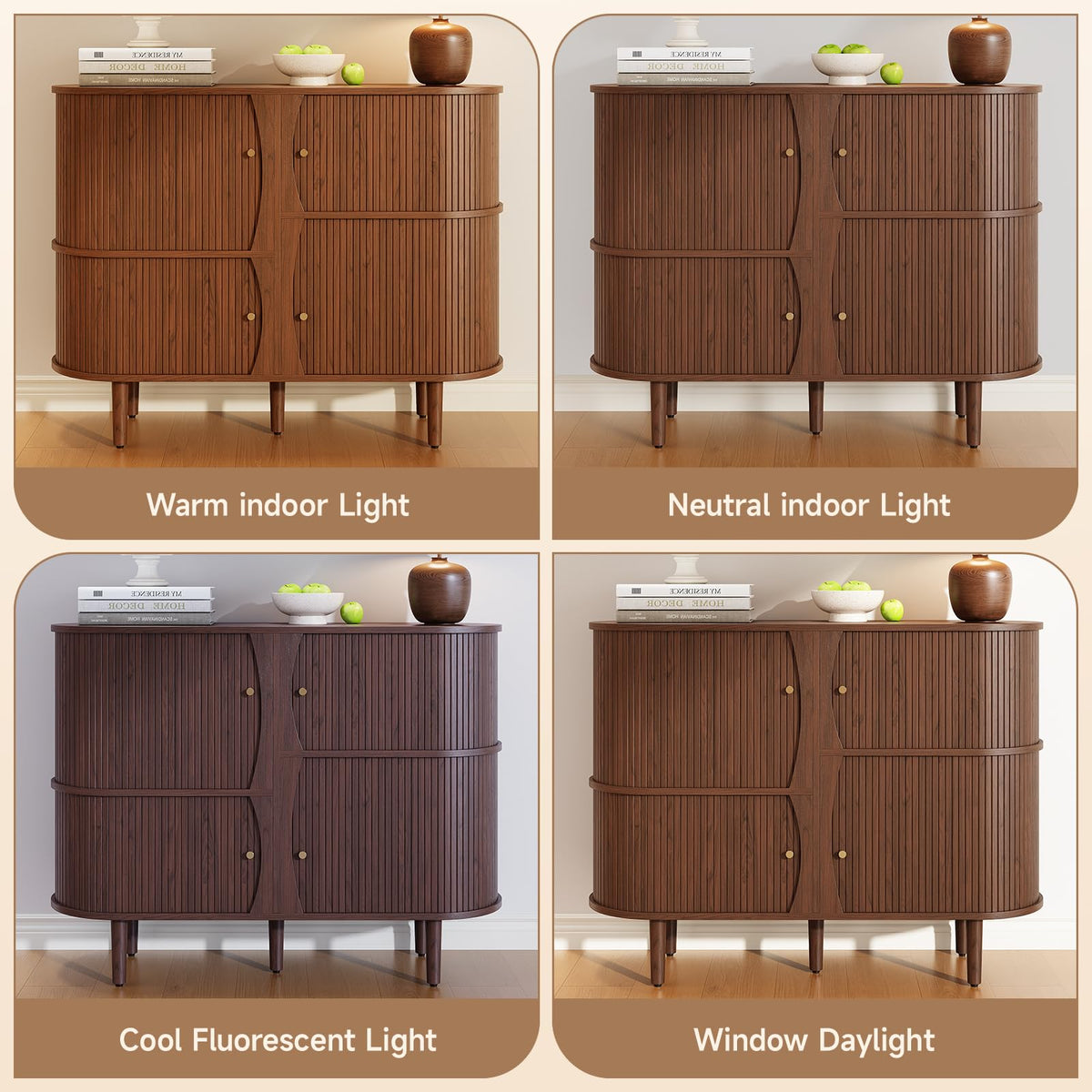 ONBRILL 48" Fluted Sideboard Buffet Cabinet, 4 Storage Cabinets, Walnut