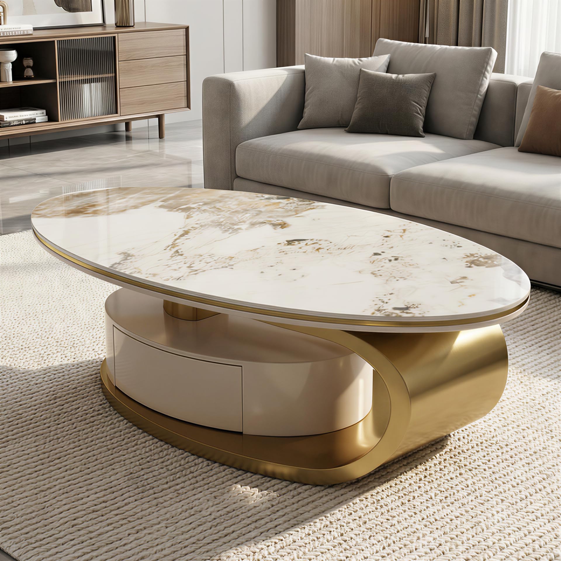 Oval Coffee Table with Faux Stone Top & Gold Steel Base