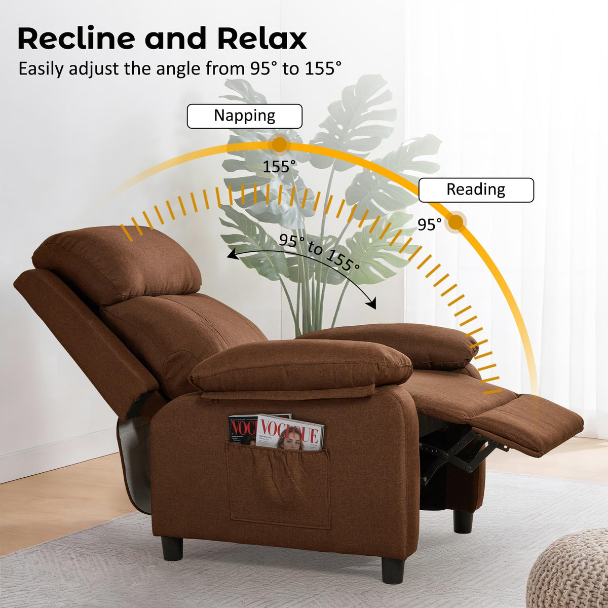 Korser Recliner Chair, Reading Chair for Adults with Side Pockets, Recliners with Padded Deep Seat, Small Recliners for Small Spaces, Linen Fabric Comfy Chair for Bedroom, Living Room, and RV