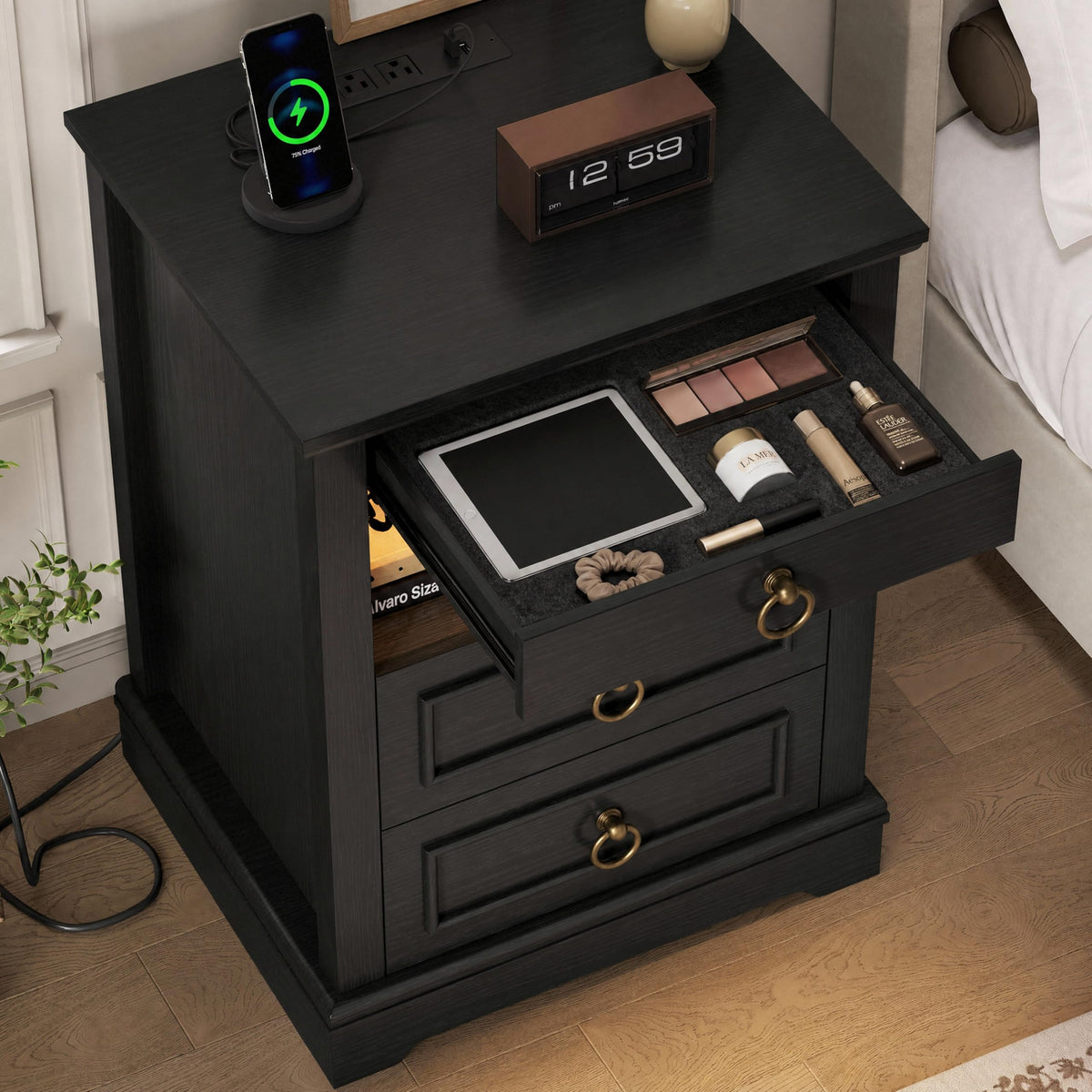 Black LED Nightstand Set of 2 with Charging Station