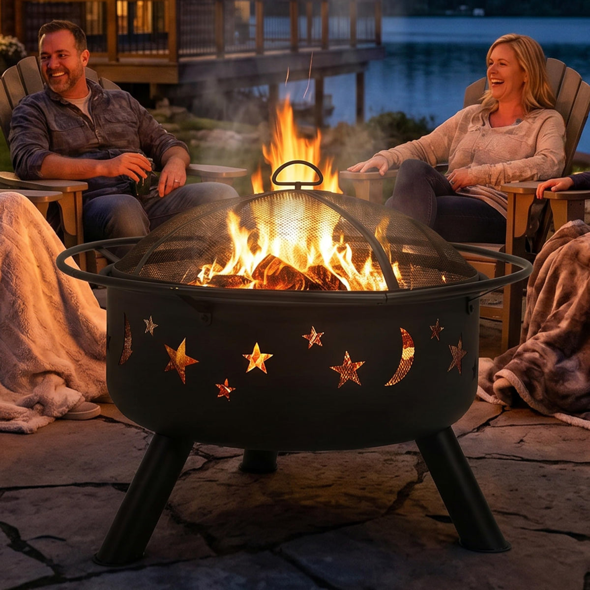 Sunnydaze Cosmic 30" Outdoor Wood Fire Pit with Grill Grate, Steel, Black