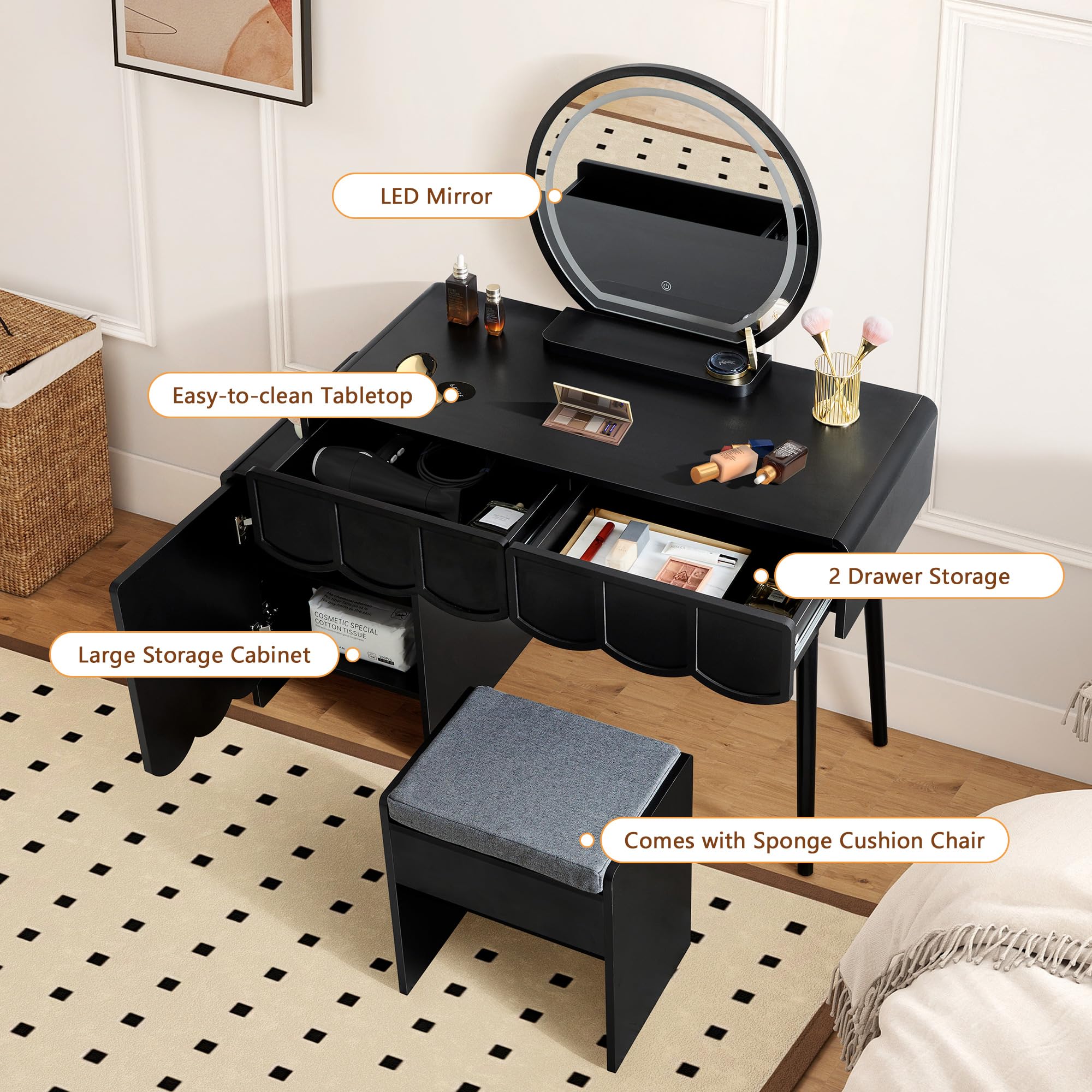 ORRD Vanity Desk with Mirror and Lights, Modern Wood Wave Panel Vanity Desk Set Makeup Table with Drawers and Cabinet, Dressing Table with Storage for Bedroom, Black