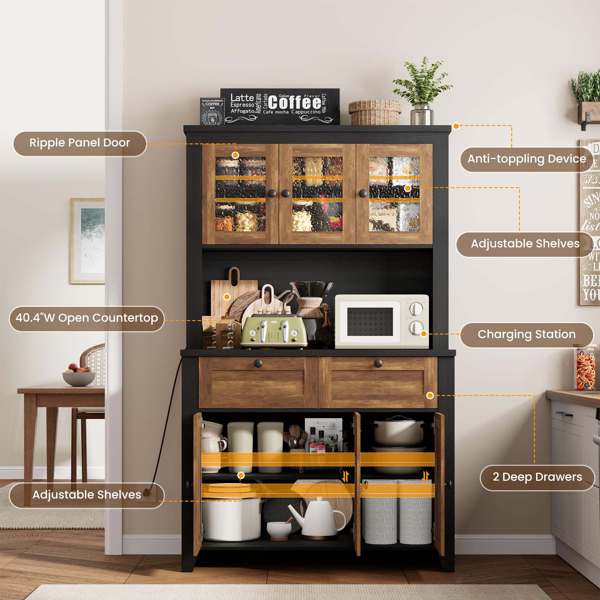 GarveeHome 66" Tall Pantry Cabinet with Power Outlet & LED Light, Kitchen Pantry Storage Cabinets with Countertop, Large Kitchen Hutch with Storage Drawers & Water Ripple Acrylic Panel Cabinet Door