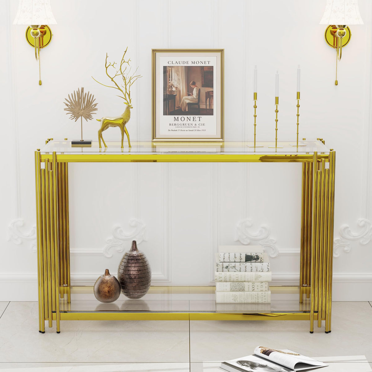 2-Tier Gold Glass Console Table