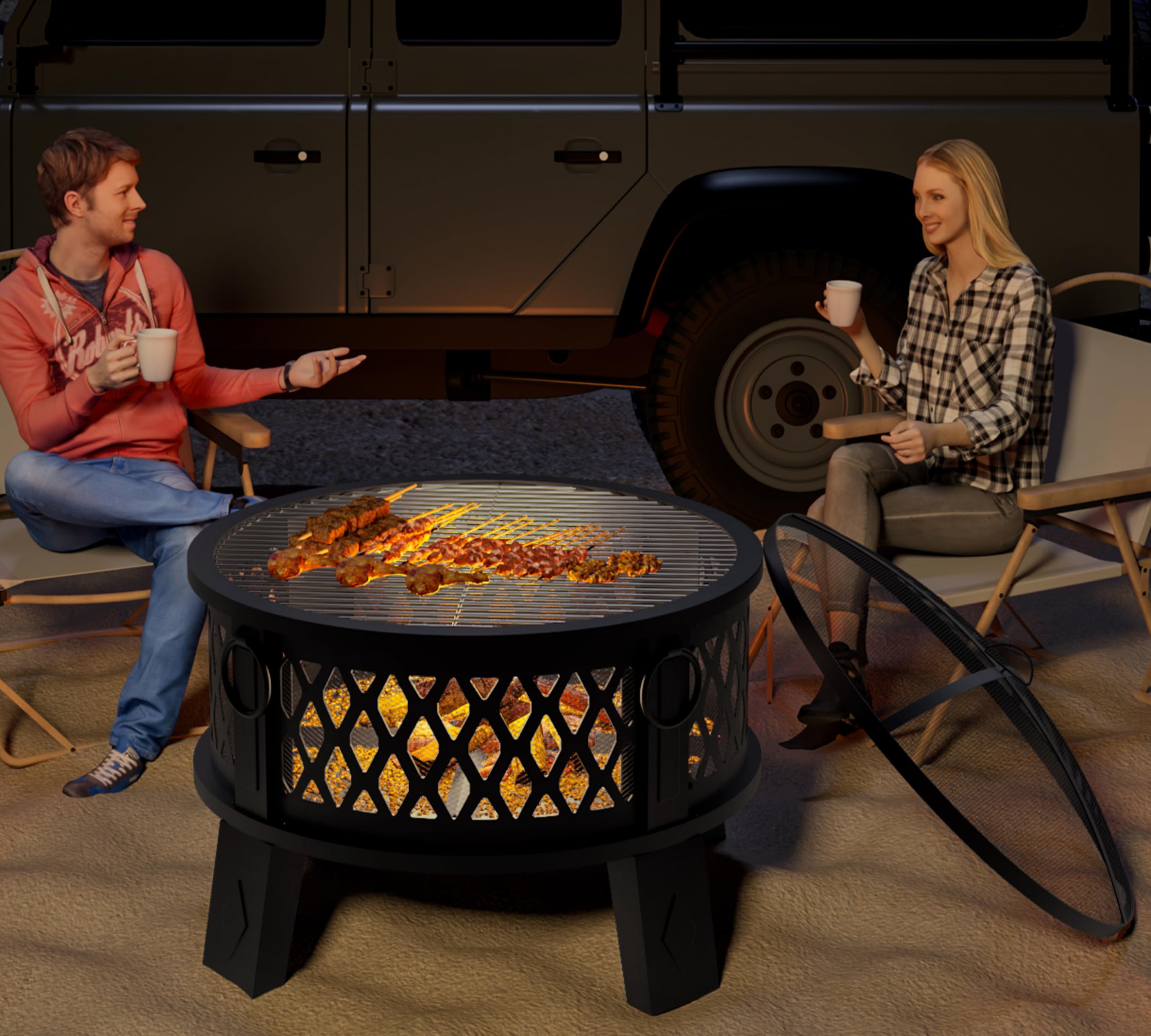 26" Round Steel Fire Pit with Grill & Diamond Mesh