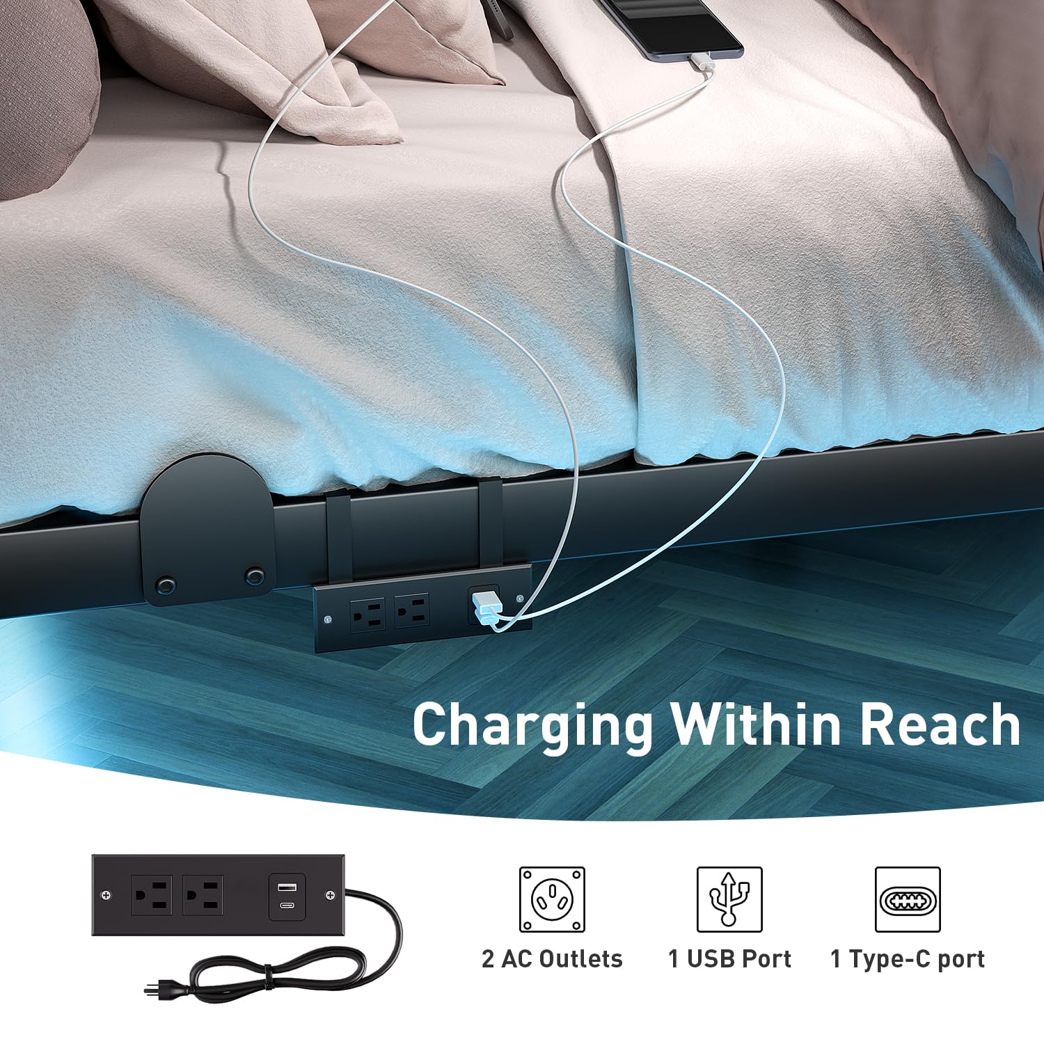 qimamo Floating Queen Bed Frame, 14 Inch Metal Platform Bed with Smart LED Lights & Charging Station, Easy Assembly, No Box Spring Needed