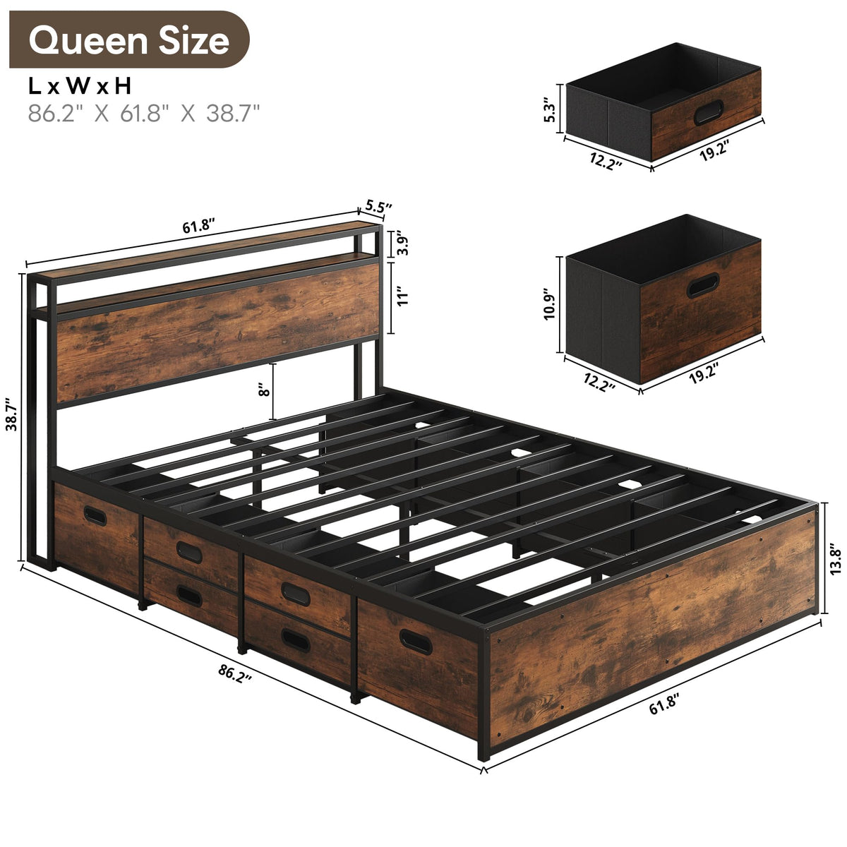 LIKIMIO Queen Size Bed Frame with 12 Storage Drawers and Headboard