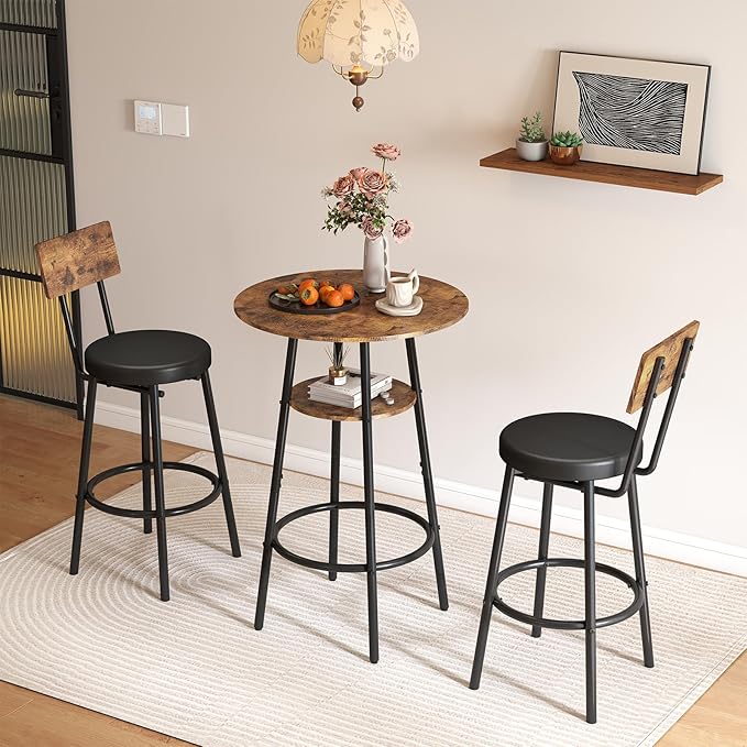 Round Bar Table & 2 Stools Set with Storage