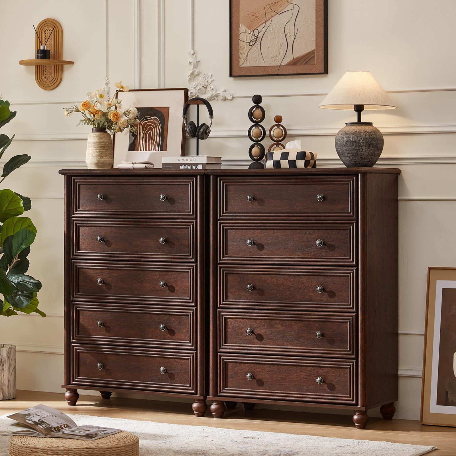 Farmhouse 5-Drawer Tall Dresser with Metal Handles