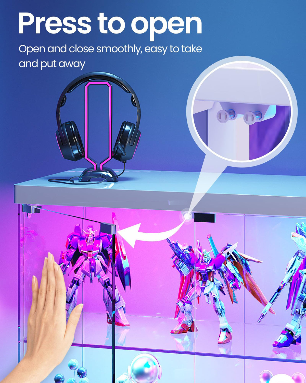 TAGELIER Glass Display Cabinet with Charging Station, RGB LED Lights, White
