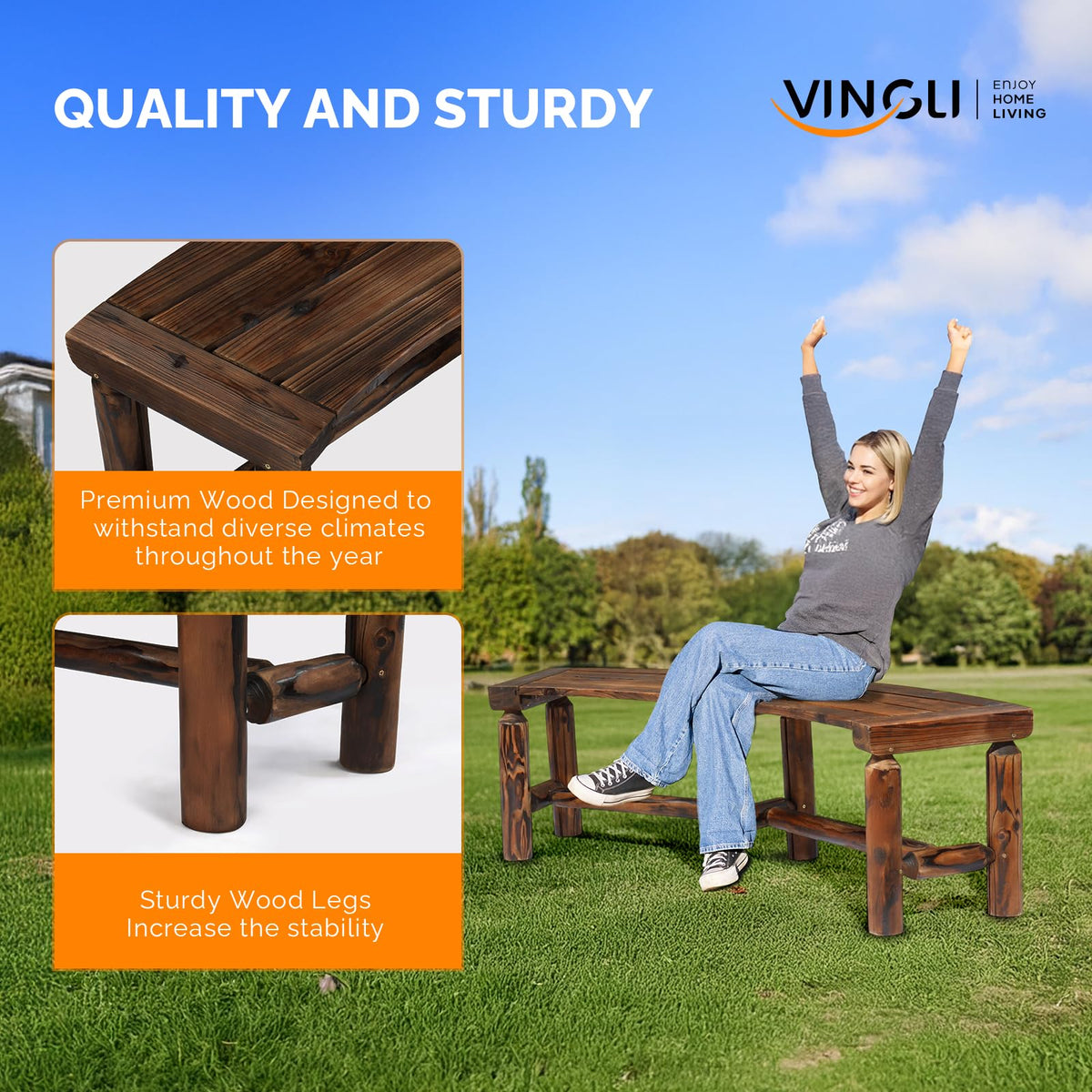 VINGLI Outdoor Bench Wooden Curved Bench, All-Weather Fire Pit Backless Patio Bench, 2-Person Seating Rustic Garden Bench for Backyard Porch Deck Entryway (Carbonized)