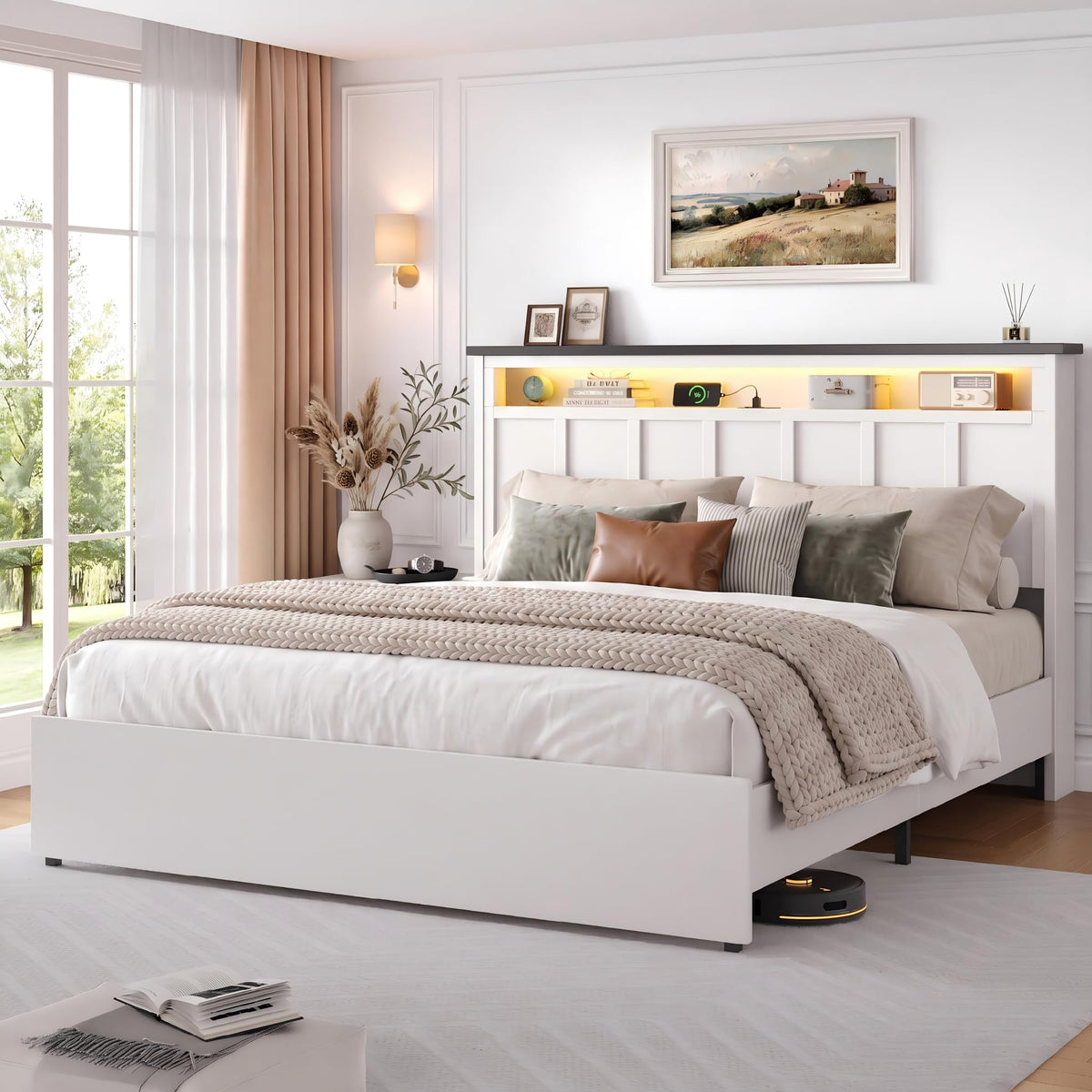 Glirun Queen Bed Frame with 2-Tier Storage Headboard, White