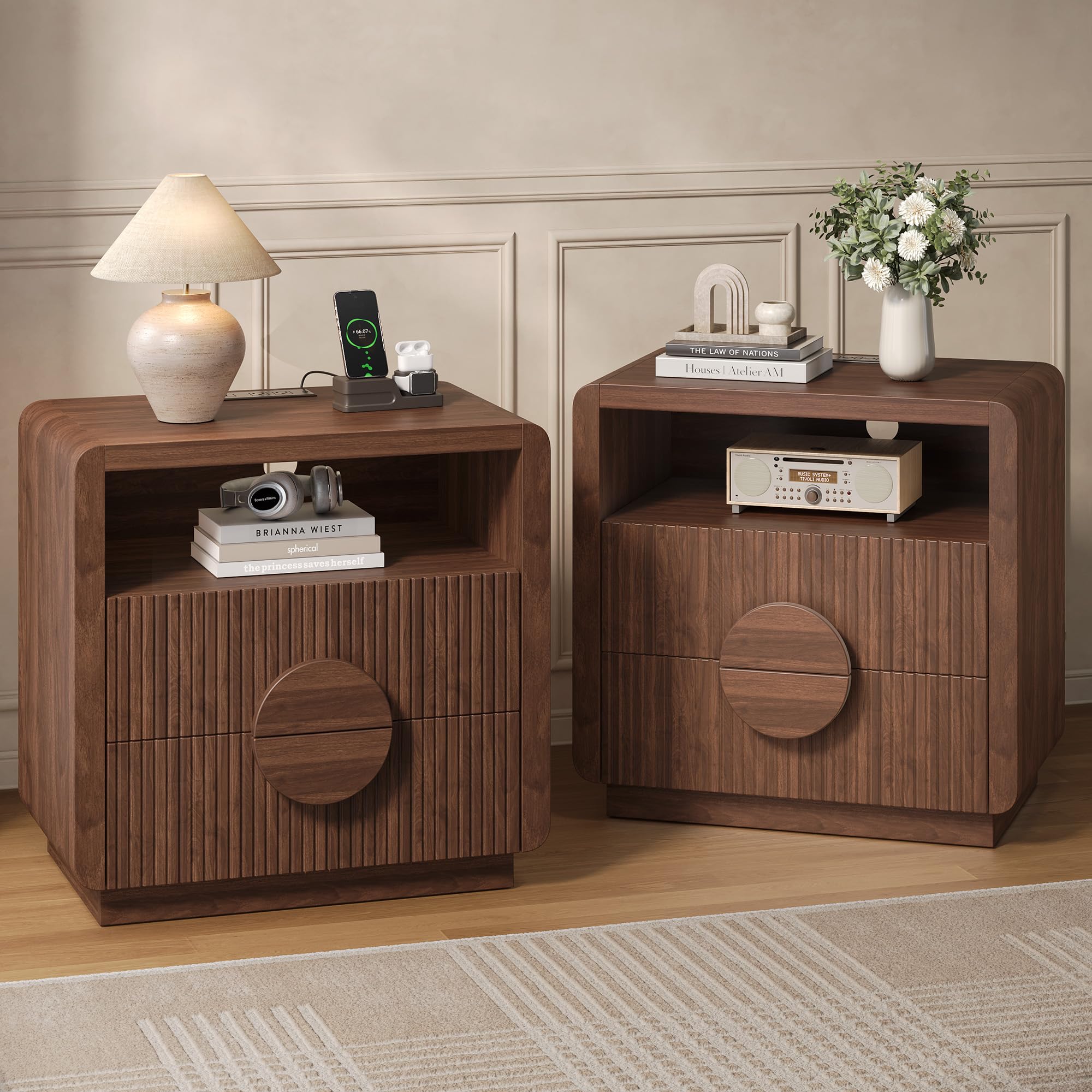 Fluted Nightstand with Charging Station & Storage