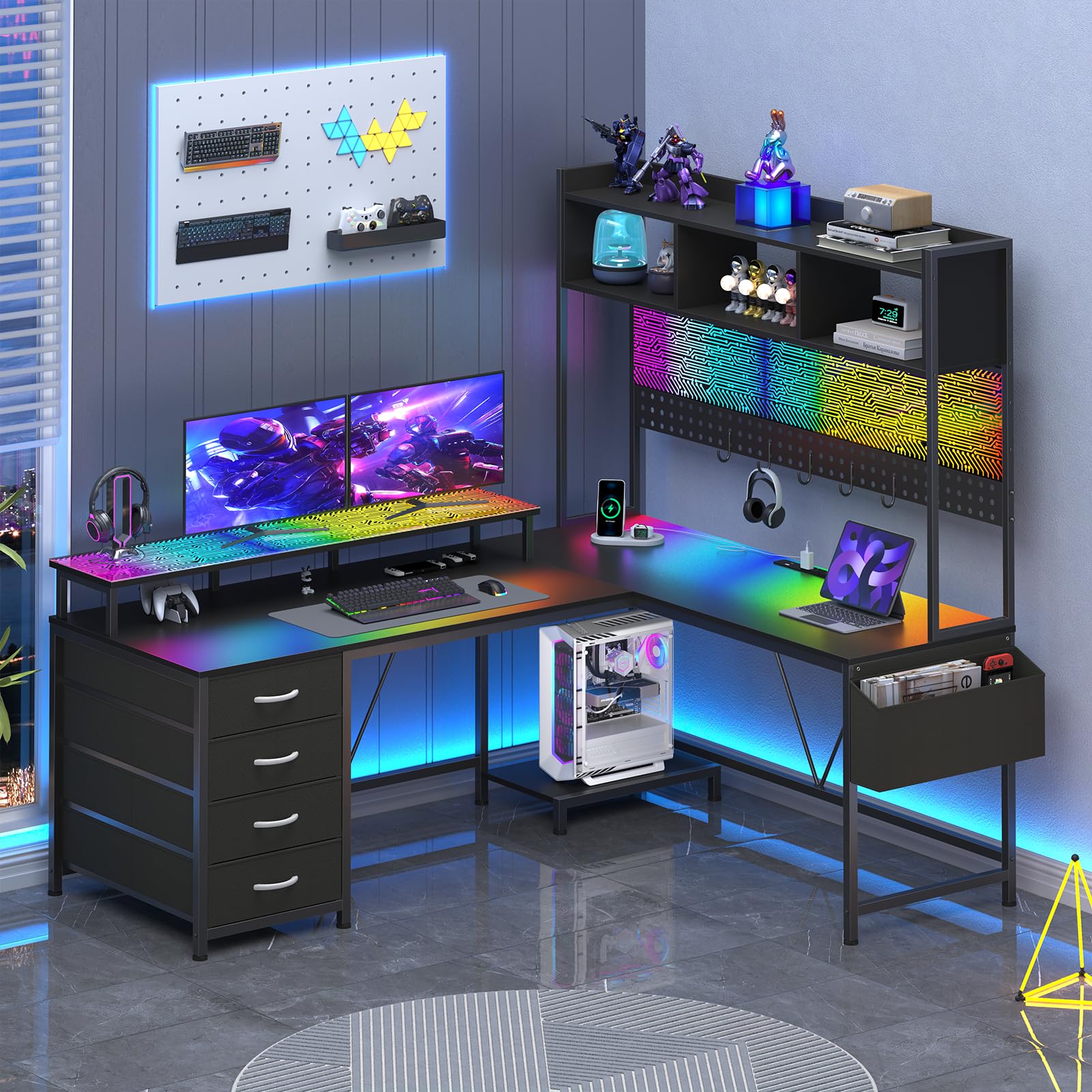 Gacfiew L Shaped Gaming Desk with Hutch, Reversible Computer Corner Desk with Drawers, Gaming Desk with LED Lights Panel, Power Outlets, Pegboard and Monitor Stand, Black