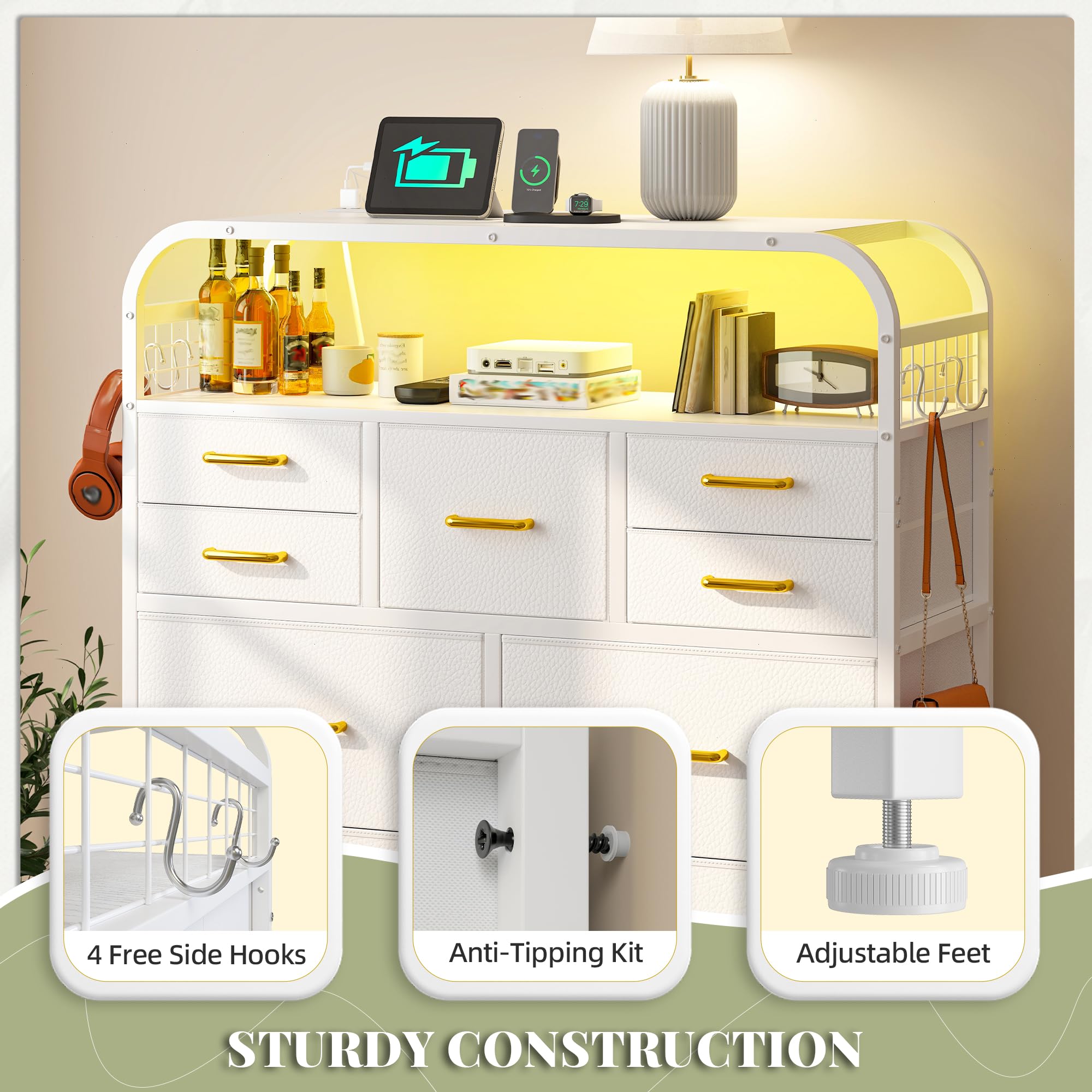 EnHomee 47" H Dressers & Chests of Drawers with LED Lights & Charging Station, Dresser for Bedroom with 11 Fabric Drawers & 4 Hooks & Open Shelves, Entryway, Hallway, Dorm White