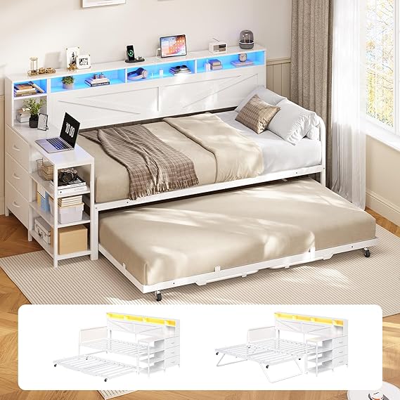Twin Daybed with Trundle, Storage Drawers & LED Lights