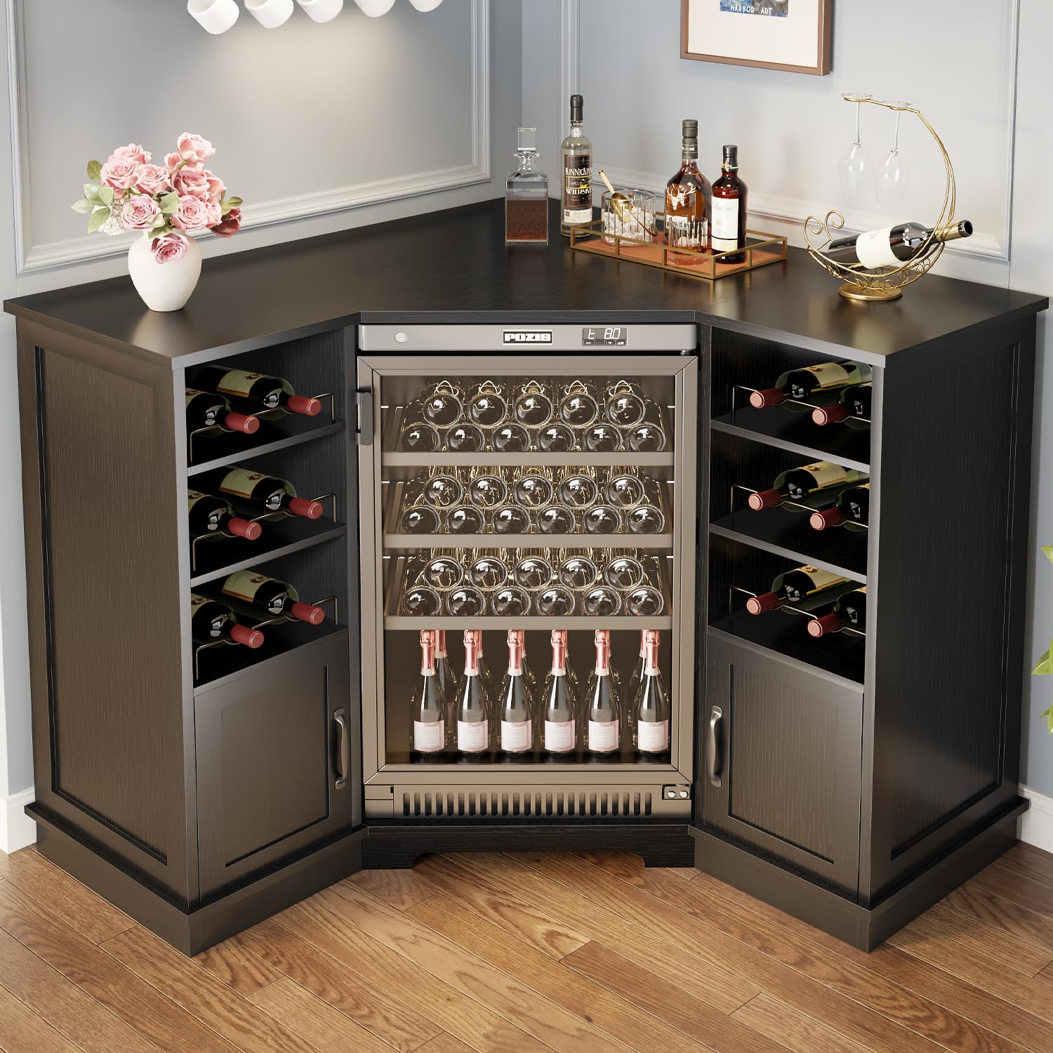 HSH Corner Bar Cabinet with Mini Fridge Space, Modern Wood Bar Cabinet with Wine Racks & Storage Doors, Large Liquor & Wine Cabinet for Kitchen Living Room Home Bar, Black Oak, 40 Inch