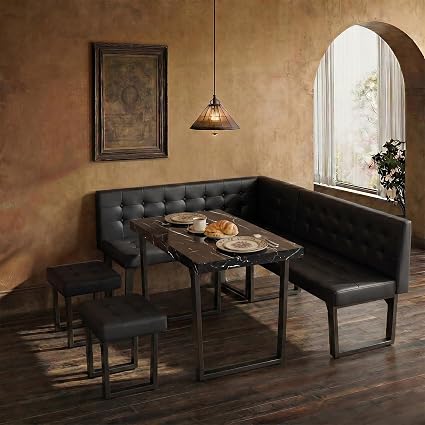 L-Shaped Corner Dining Table Set, 5-Piece with Bench & Stools