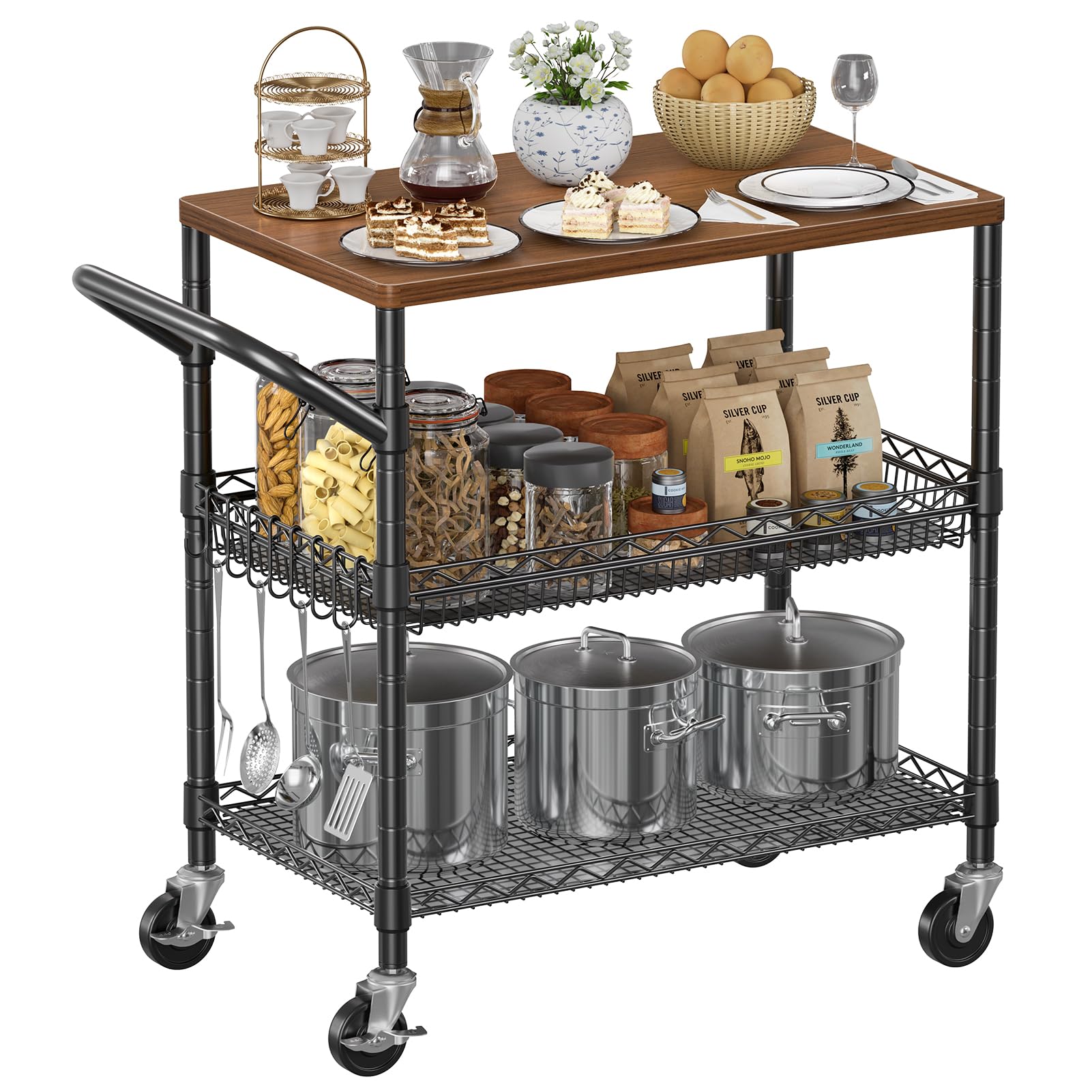NTE Rolling Kitchen Carts on Wheels, 650Lbs Capacity 3 Tier Utility Cart with Wood Tabletop, Kitchen Storage Cart with 8 Hooks, Metal Serving Cart with Handle and Shelf Liners for Kitchen, Black