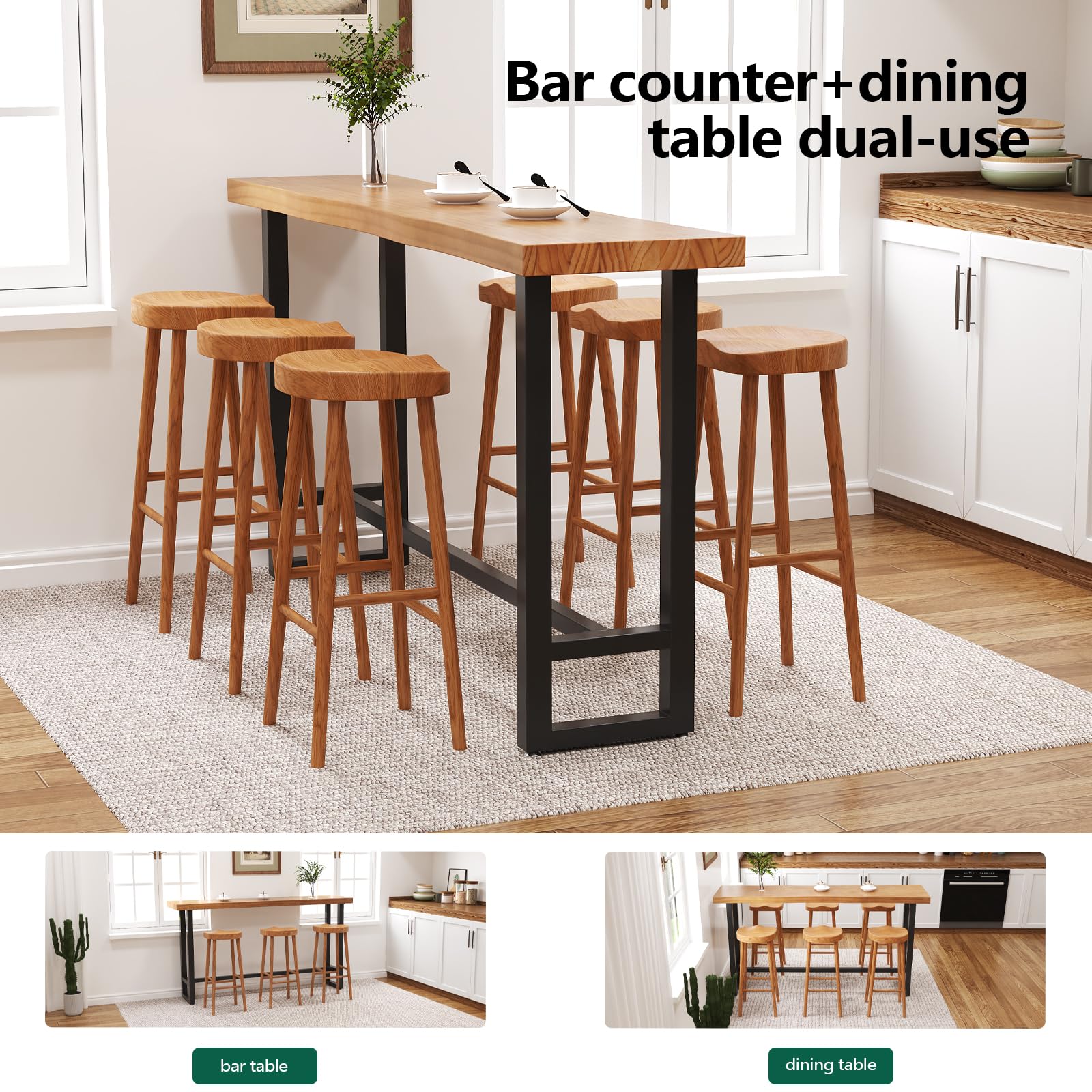 quanzhoulong 47in Solid Wood Live Edge Bar Table - Bar Height Pub Table with Built-in Footrest, Solid Wood Top & Sturdy Metal Legs for Kitchen, Dining & Bistro Spaces
