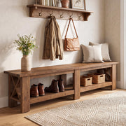TRIBEWOOD 70.87" Solid Wood Entryway Shoe Bench, Extra Long Storage Bench