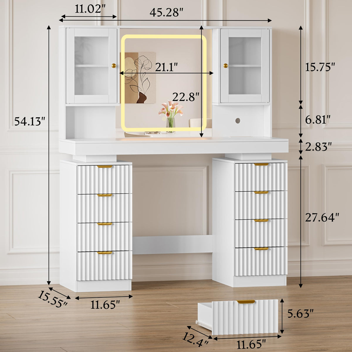 BOXACTION 45" Floating Vanity Desk with RGB Lighting & Led Mirror, White