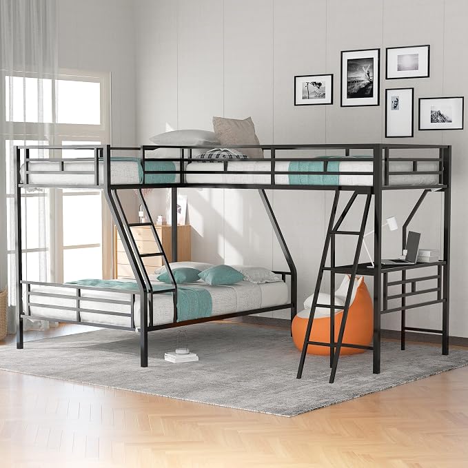 L-Shaped Triple Bunk Bed with Desk