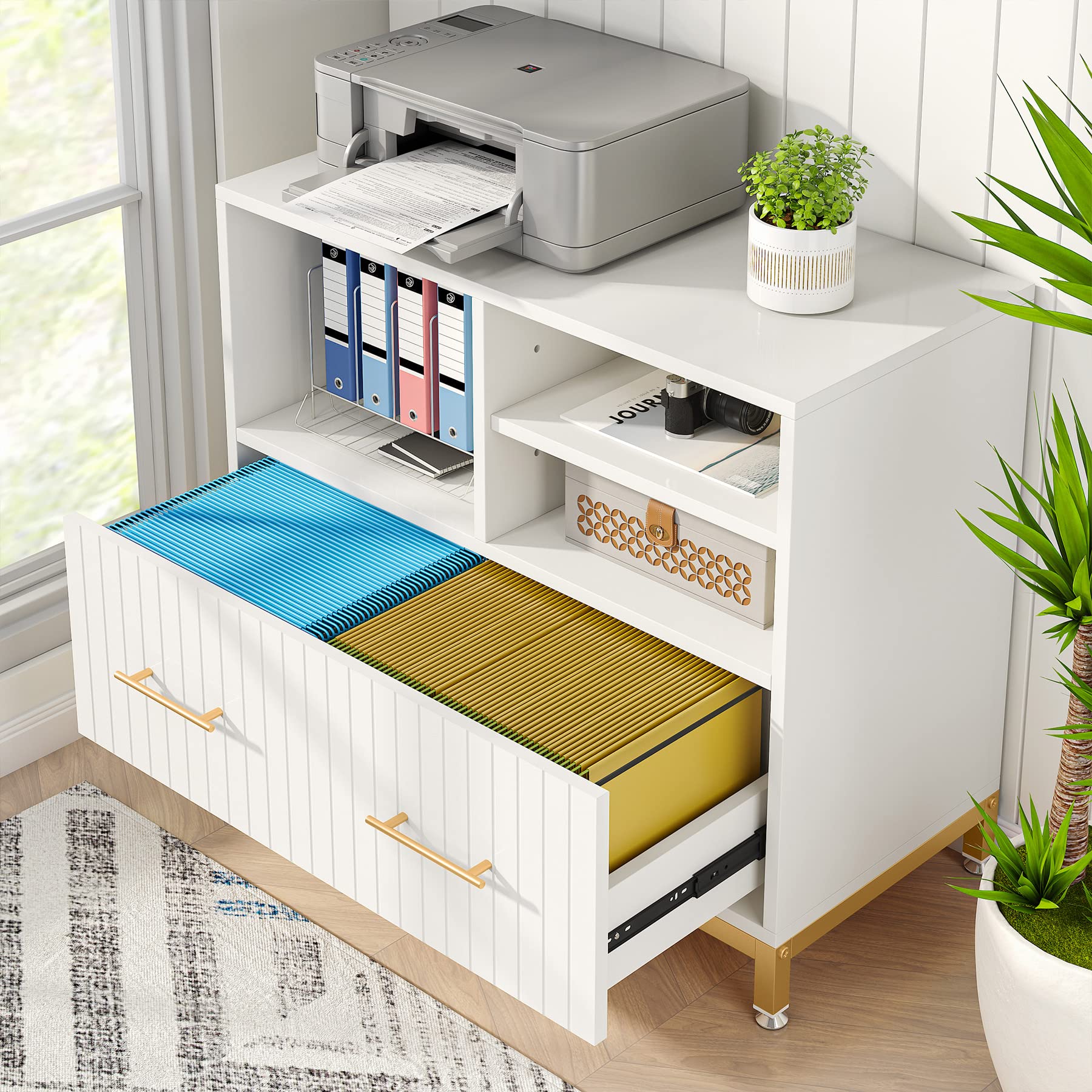 White Lateral File Cabinet with Drawer & Printer Stand