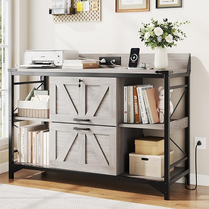 Lateral Filing Cabinet with Lock, Power Outlets & Storage Shelves
