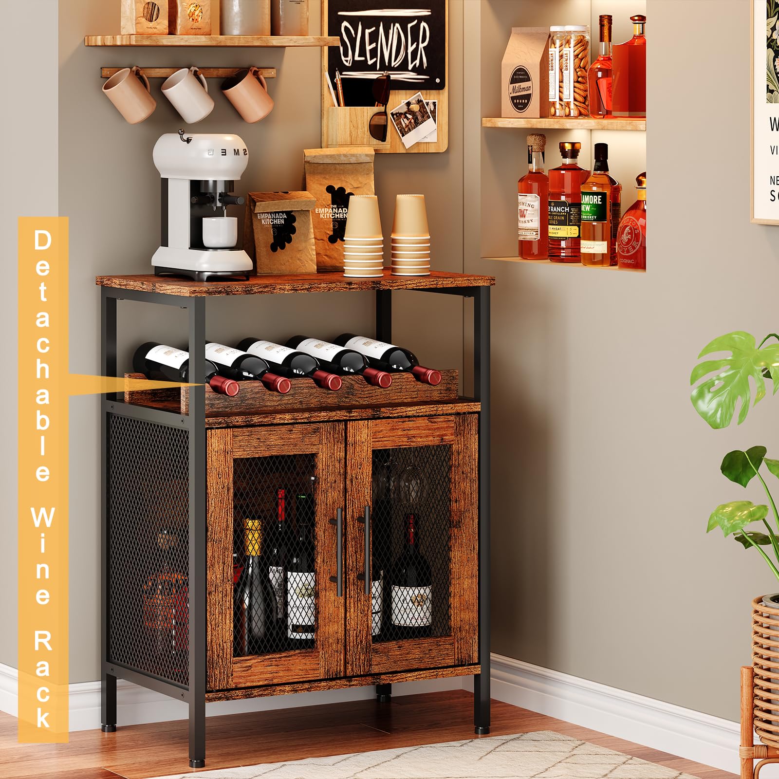 Wine Bar Cabinet with Detachable Wine Rack, Glass Holder & Mesh Door