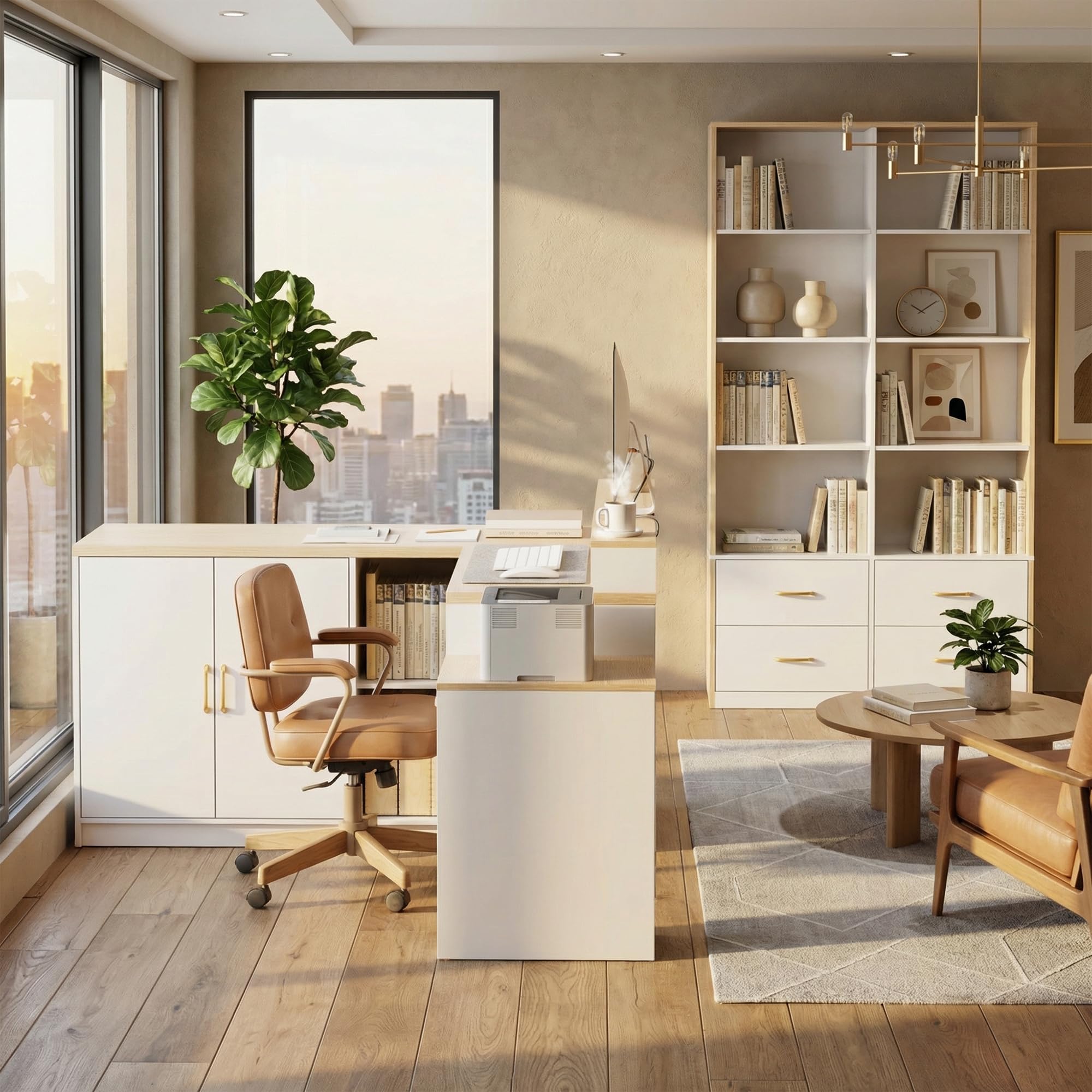 L-Shaped Desk with Storage Cabinet & Monitor Stand